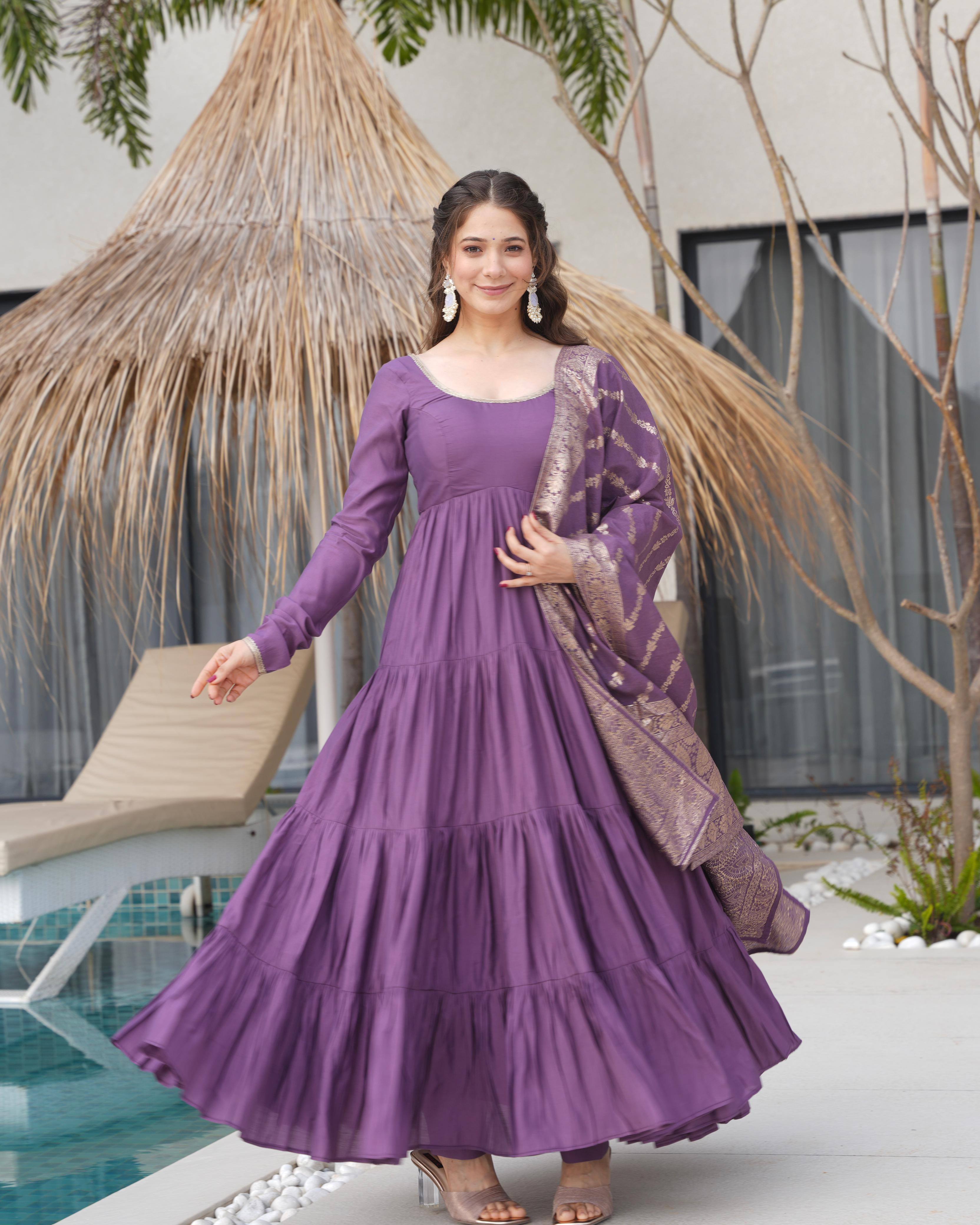 Mauve Roman Silk Chanderi Anarkali Suit Set with Flair for Festive Wear