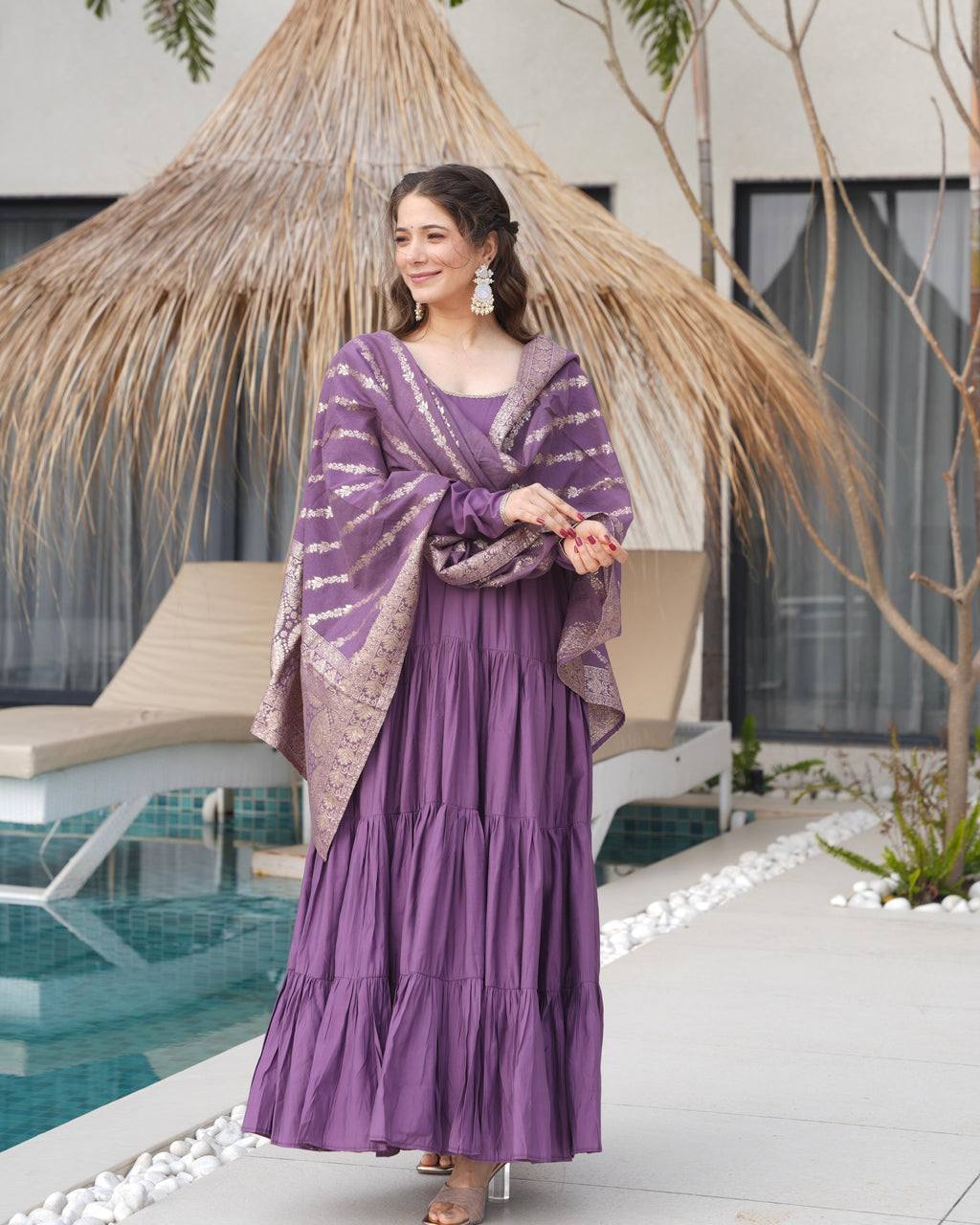 Mauve Roman Silk Chanderi Anarkali Suit Set with Flair for Festive Wear