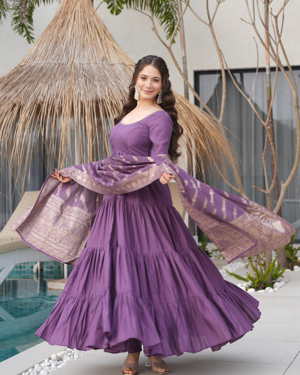 Mauve Roman Silk Chanderi Anarkali Suit Set with Flair for Festive Wear
