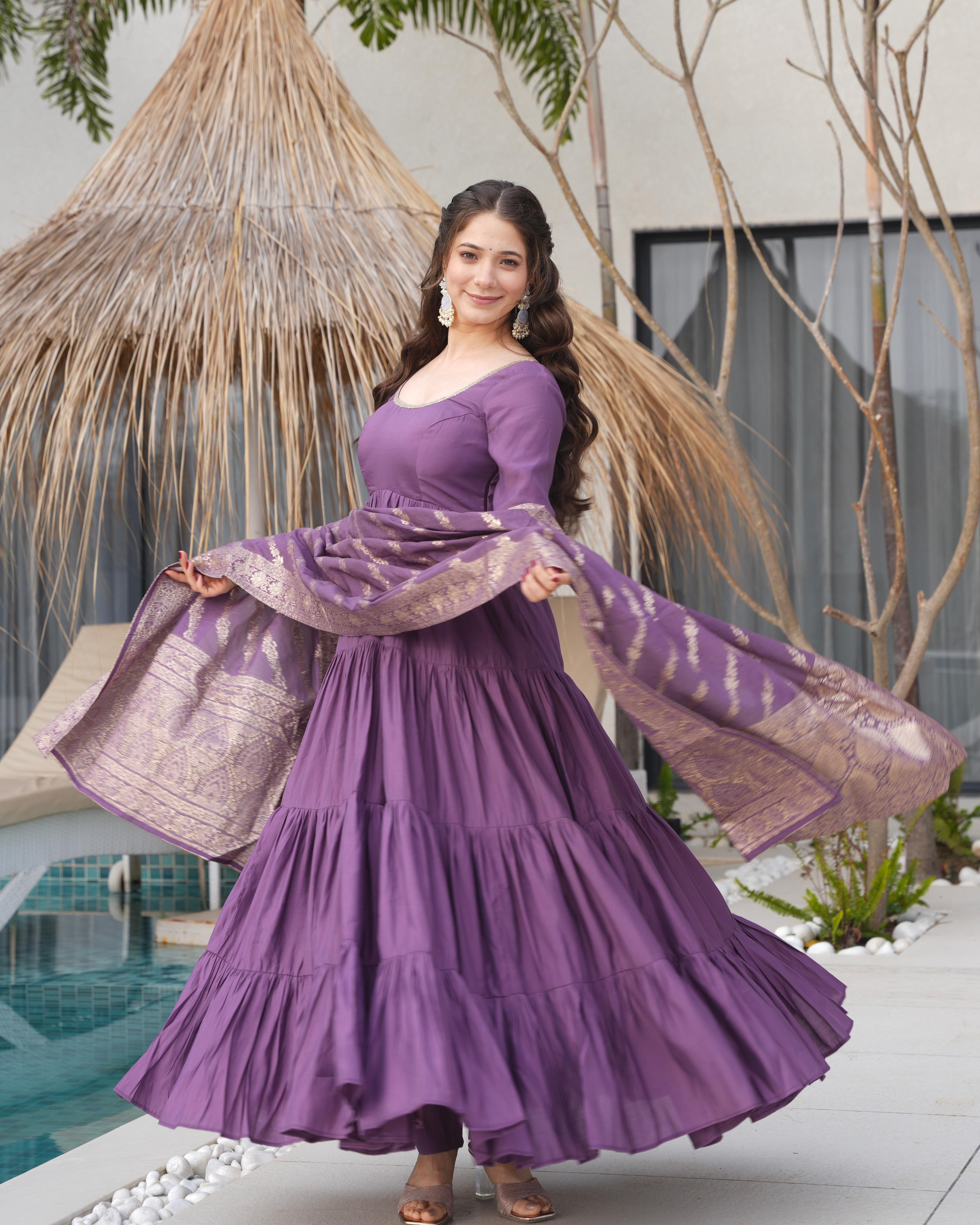 Mauve Roman Silk Chanderi Anarkali Suit Set with Flair for Festive Wear