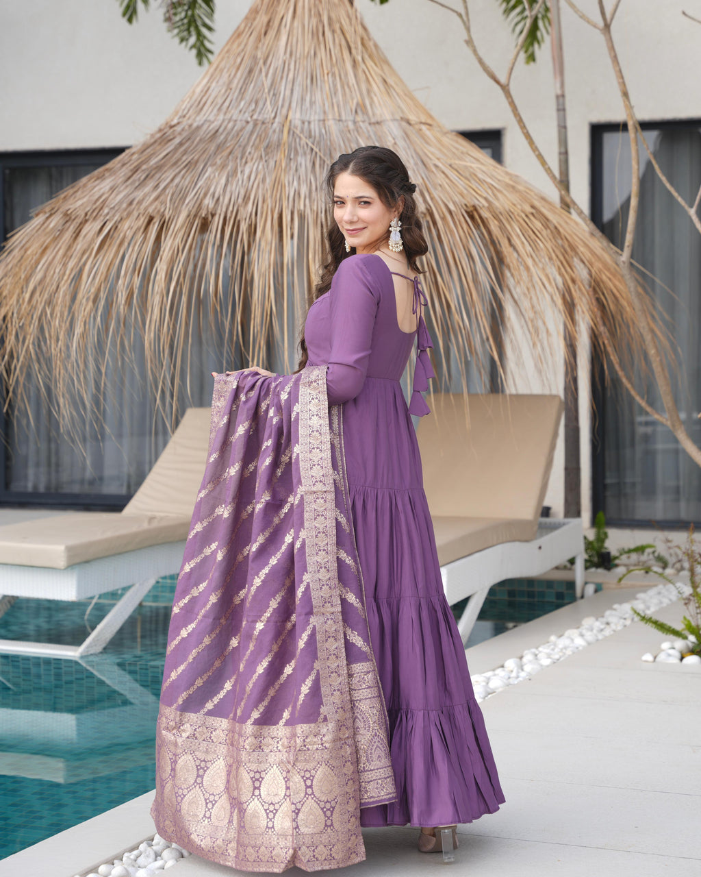 Mauve Roman Silk Chanderi Anarkali Suit Set with Flair for Festive Wear