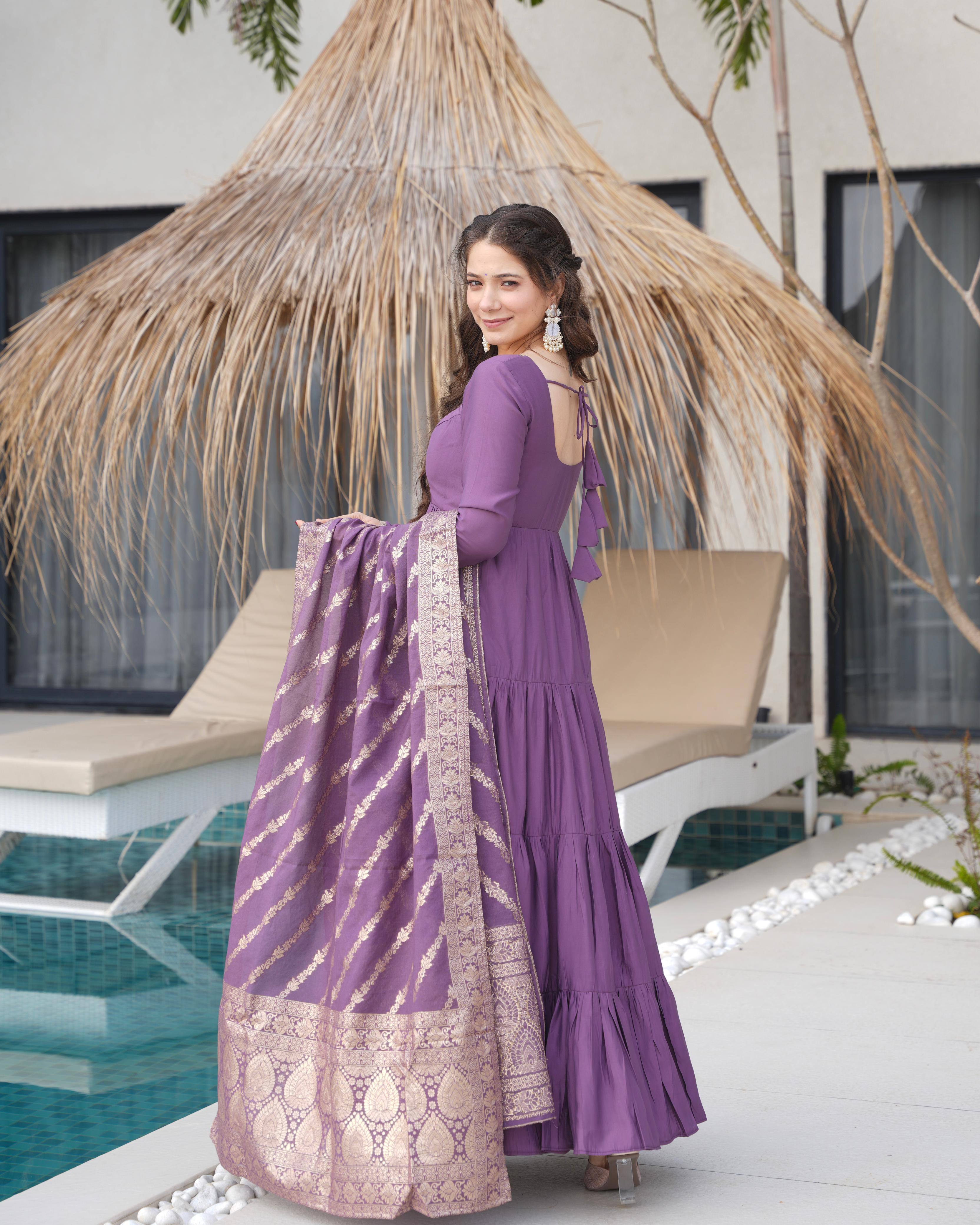 Mauve Roman Silk Chanderi Anarkali Suit Set with Flair for Festive Wear