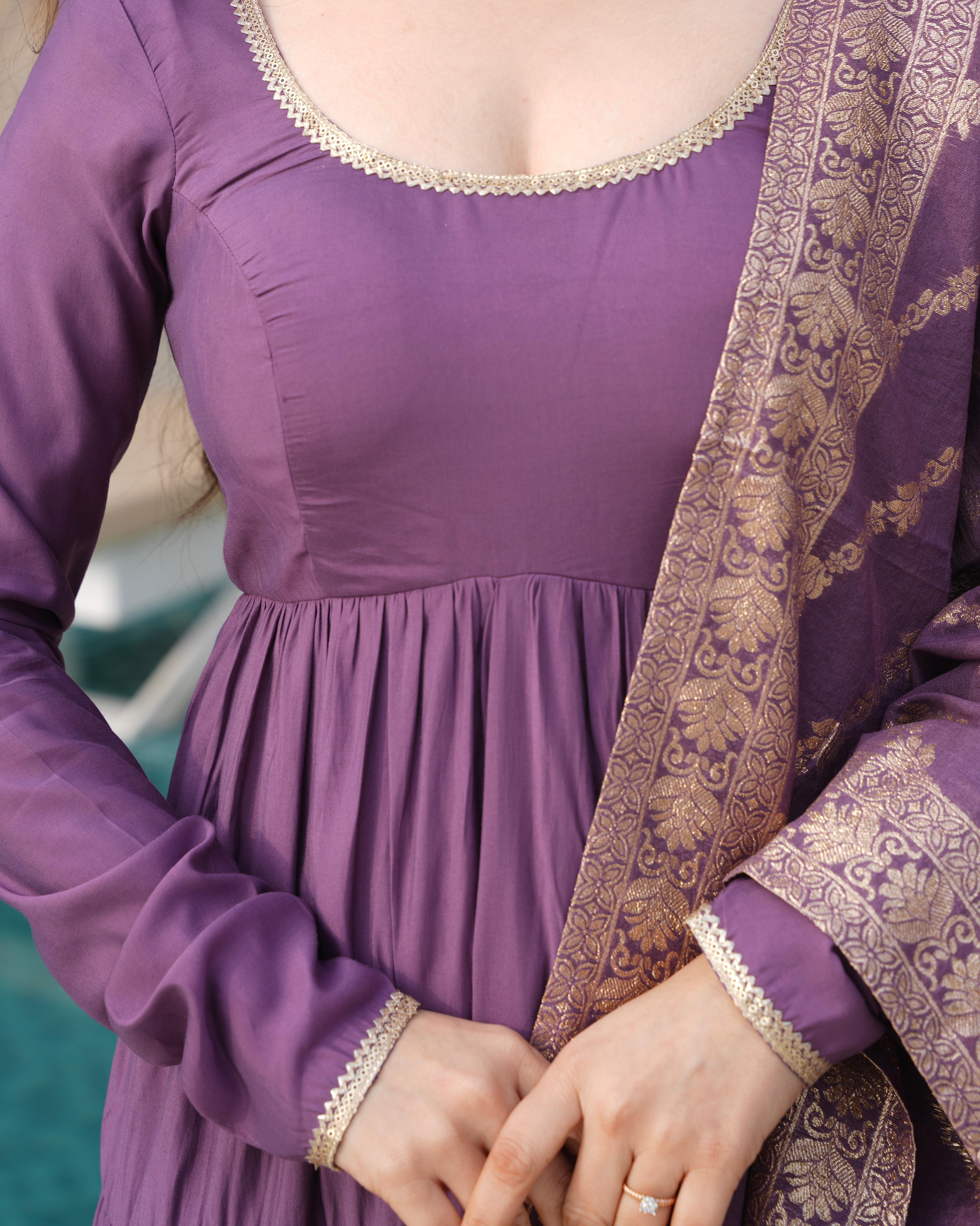 Mauve Roman Silk Chanderi Anarkali Suit Set with Flair for Festive Wear