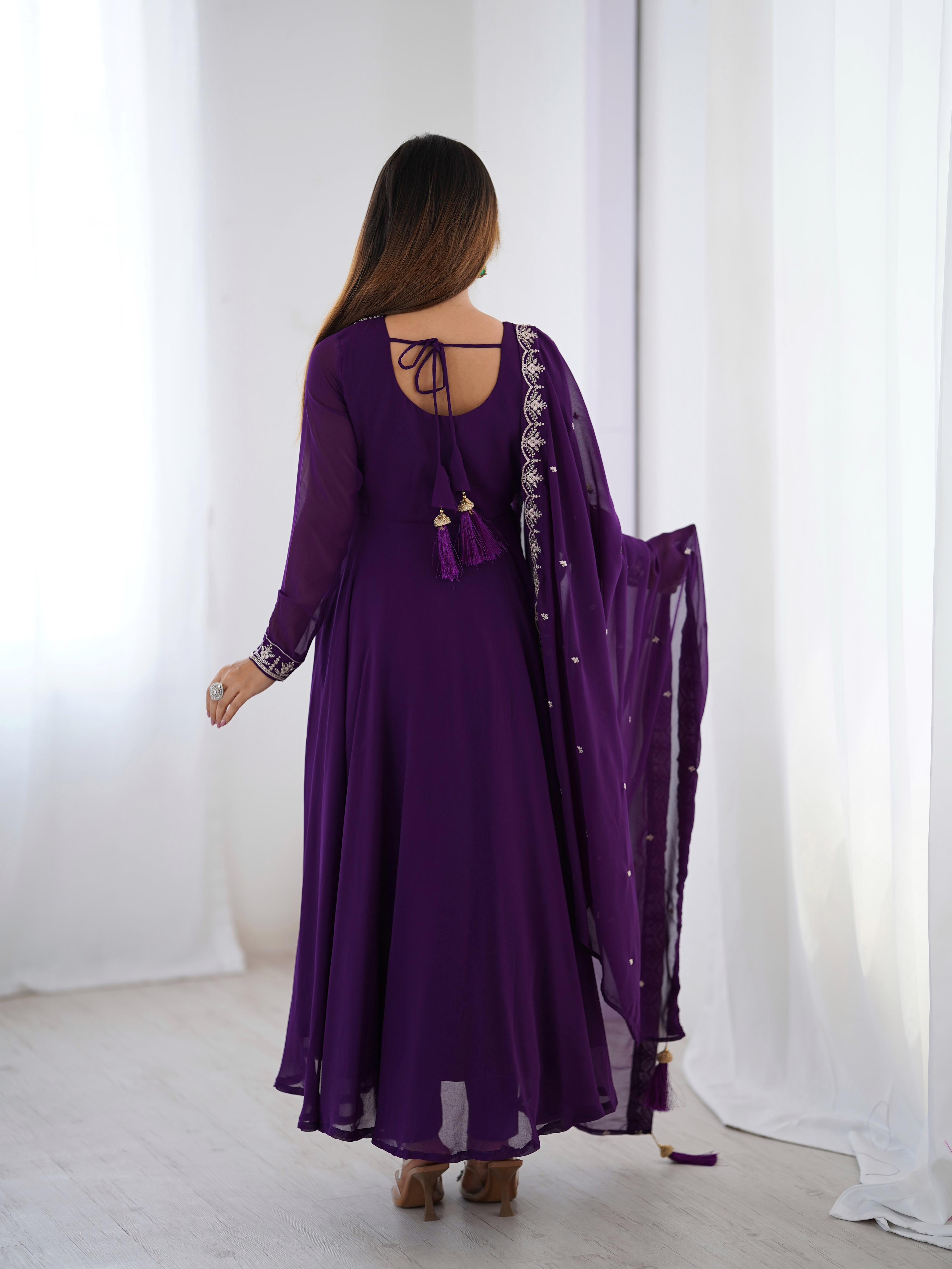 Purple Pure Soft Georgette Anarkali Suit Set with Huge Flair for Festive Wear