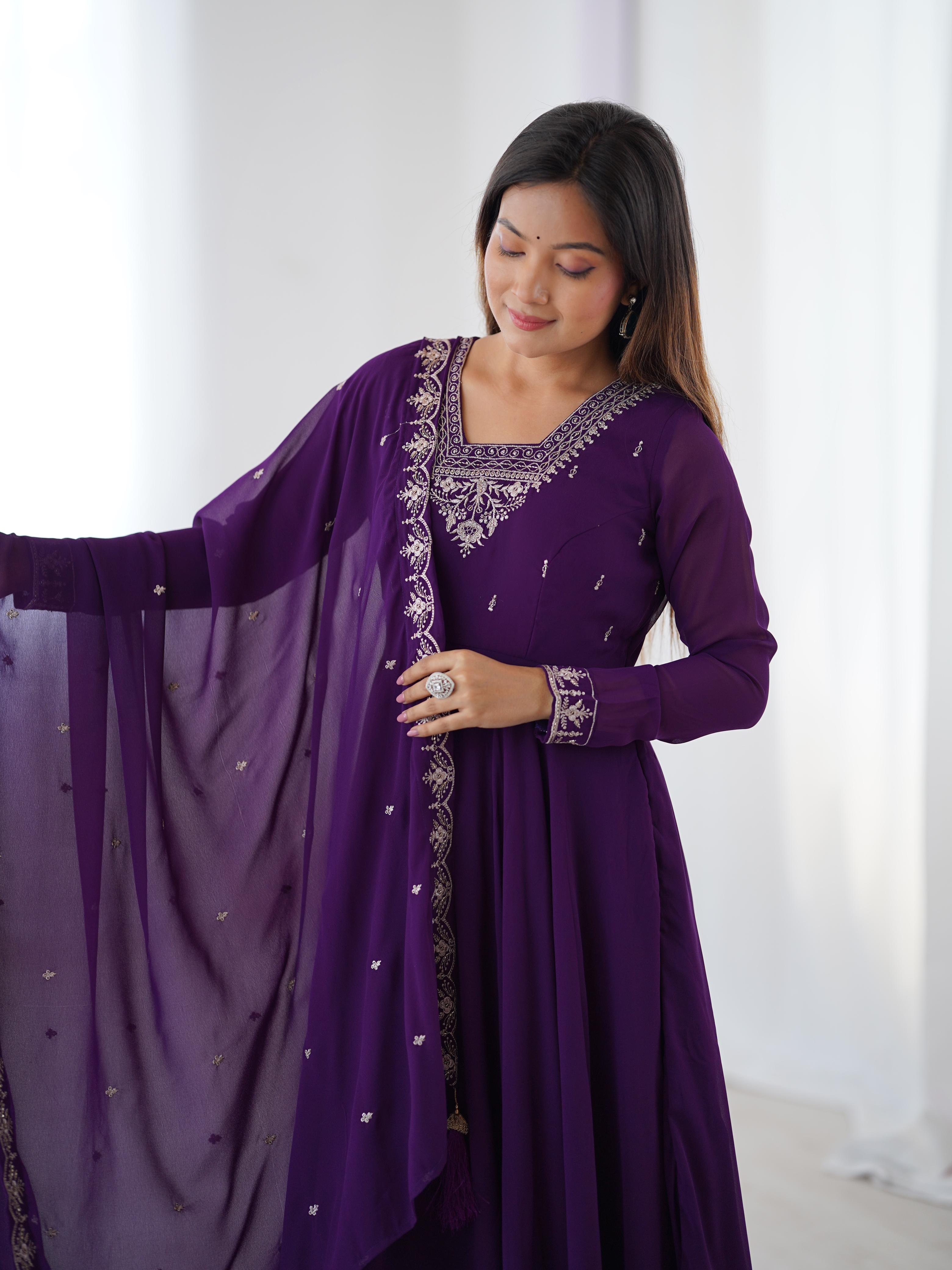 Purple Pure Soft Georgette Anarkali Suit Set with Huge Flair for Festive Wear