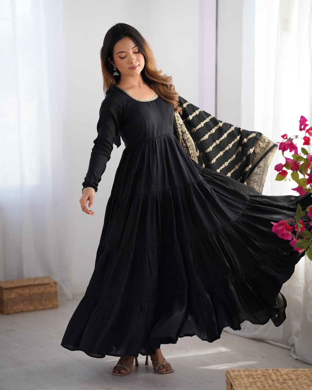 Black Roman Silk Chanderi Anarkali Suit Set with Flair for Festive Wear