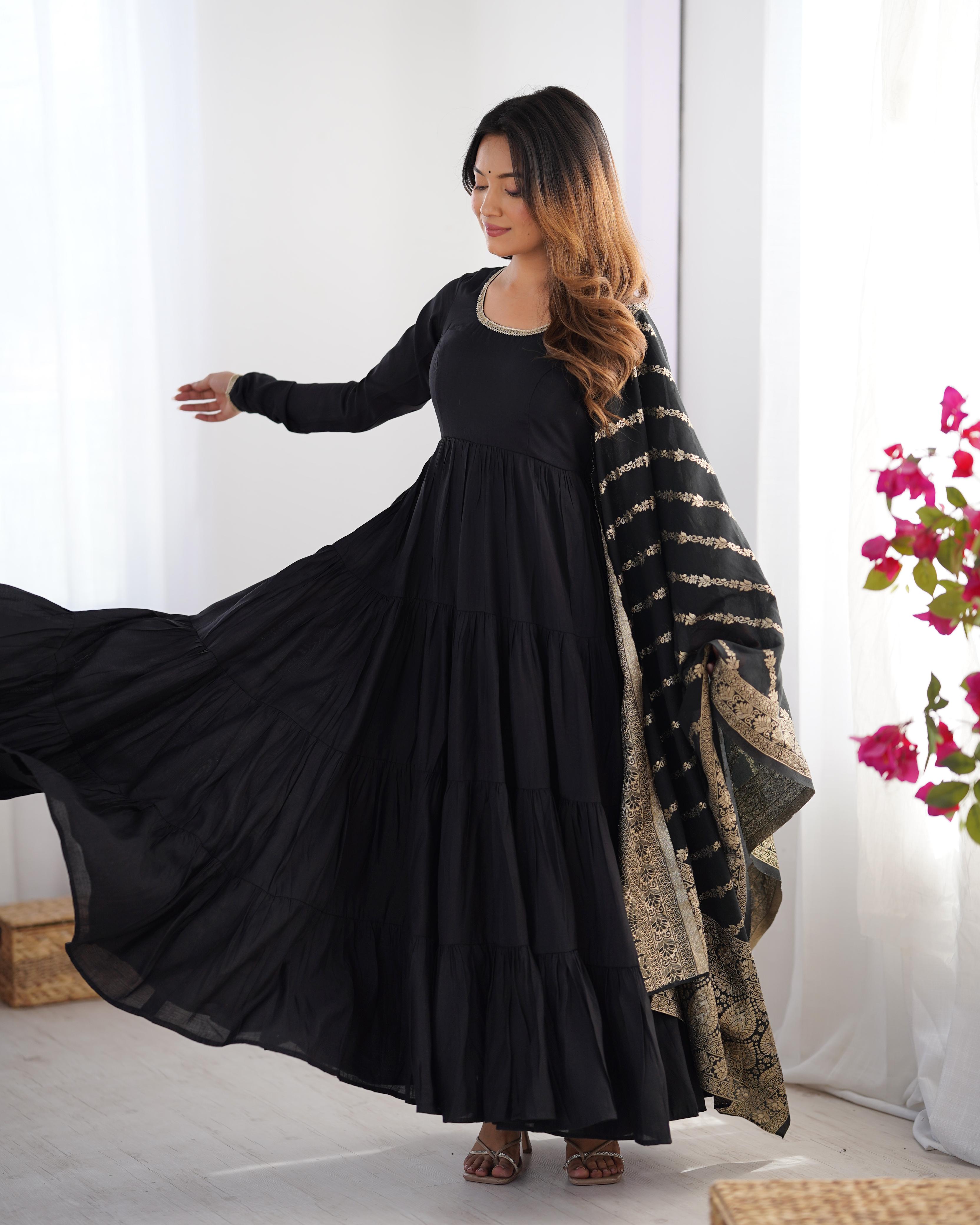 Black Roman Silk Chanderi Anarkali Suit Set with Flair for Festive Wear