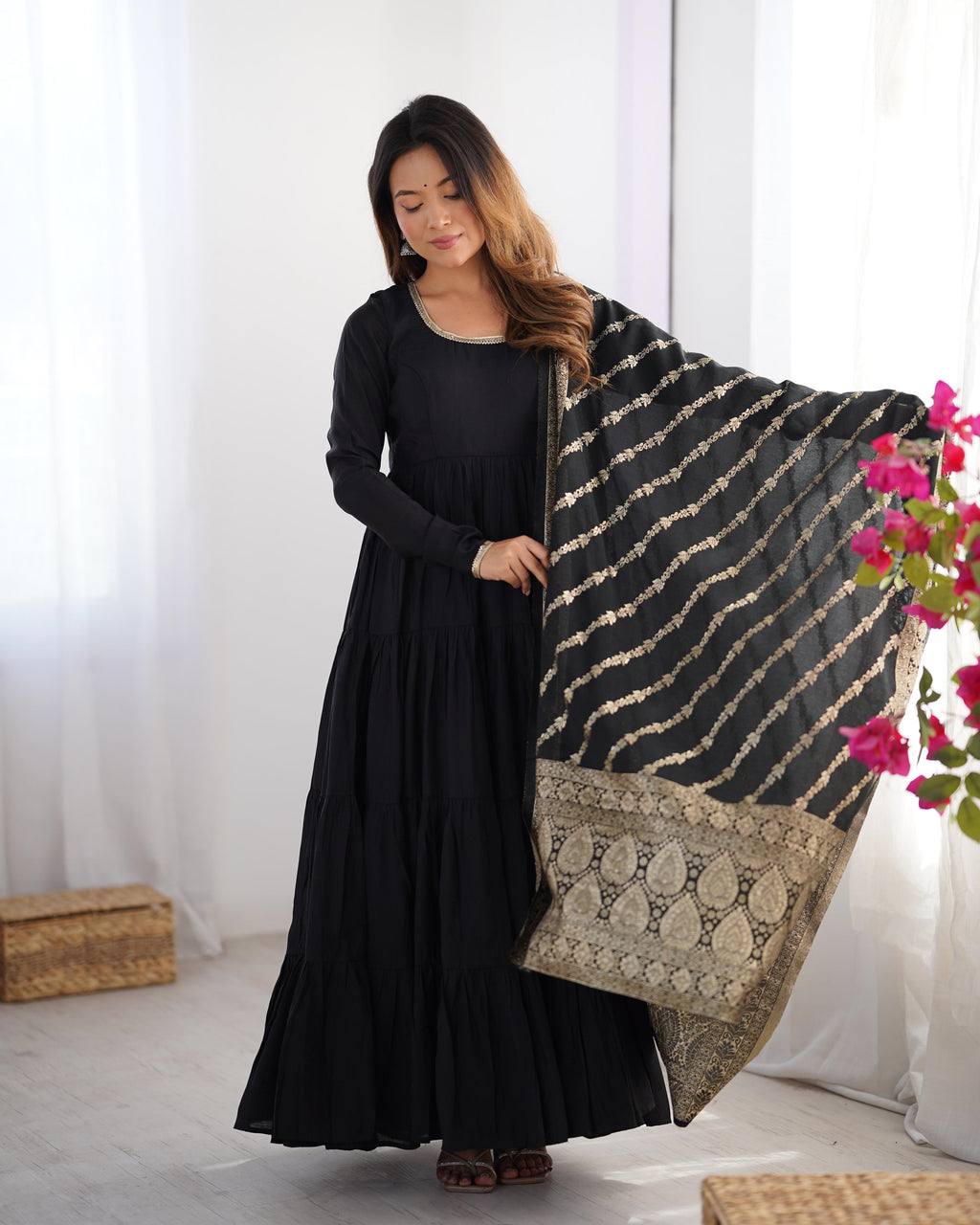 Black Roman Silk Chanderi Anarkali Suit Set with Flair for Festive Wear