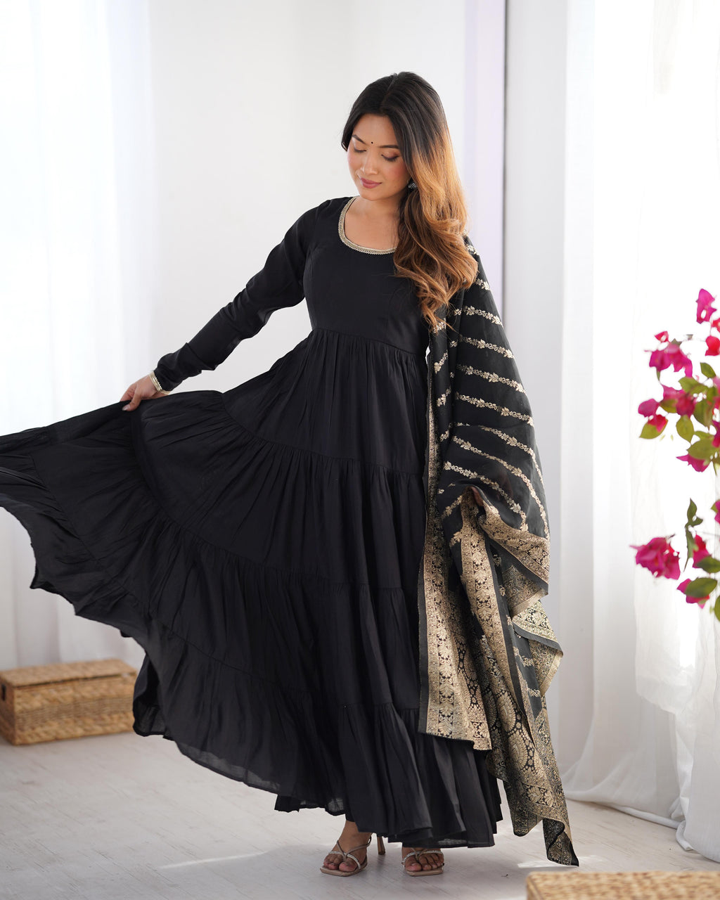 Black Roman Silk Chanderi Anarkali Suit Set with Flair for Festive Wear