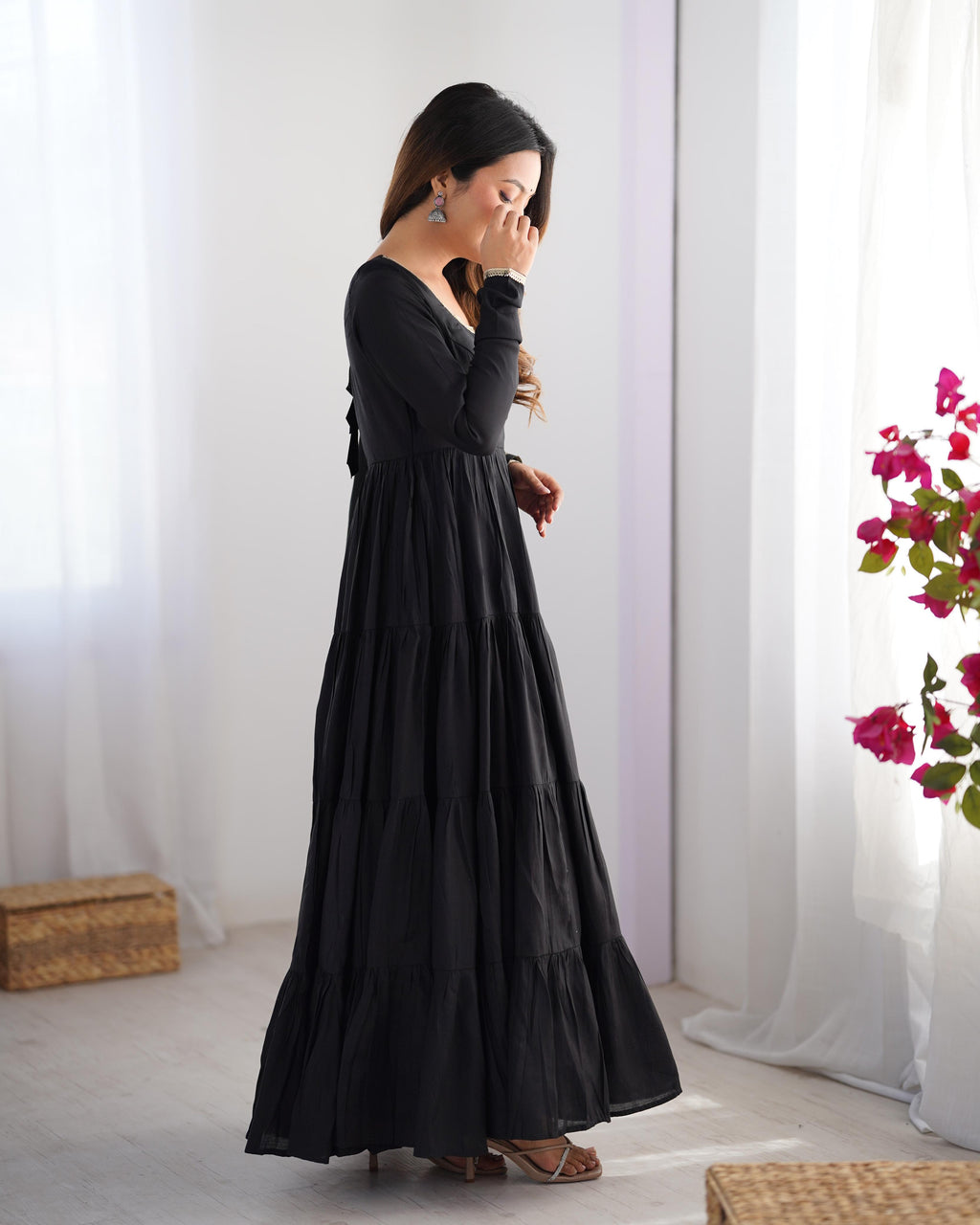 Black Roman Silk Chanderi Anarkali Suit Set with Flair for Festive Wear