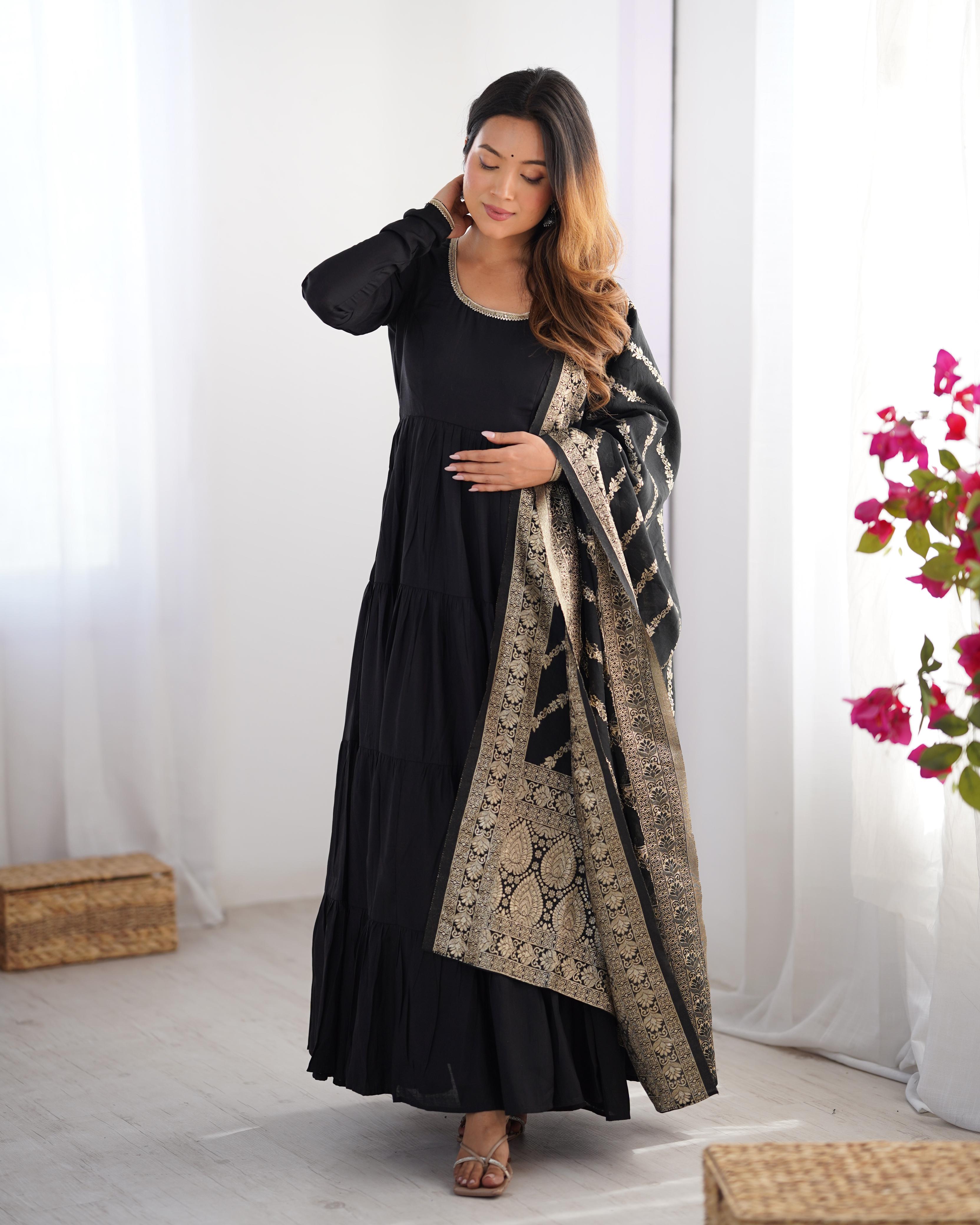 Black Roman Silk Chanderi Anarkali Suit Set with Flair for Festive Wear