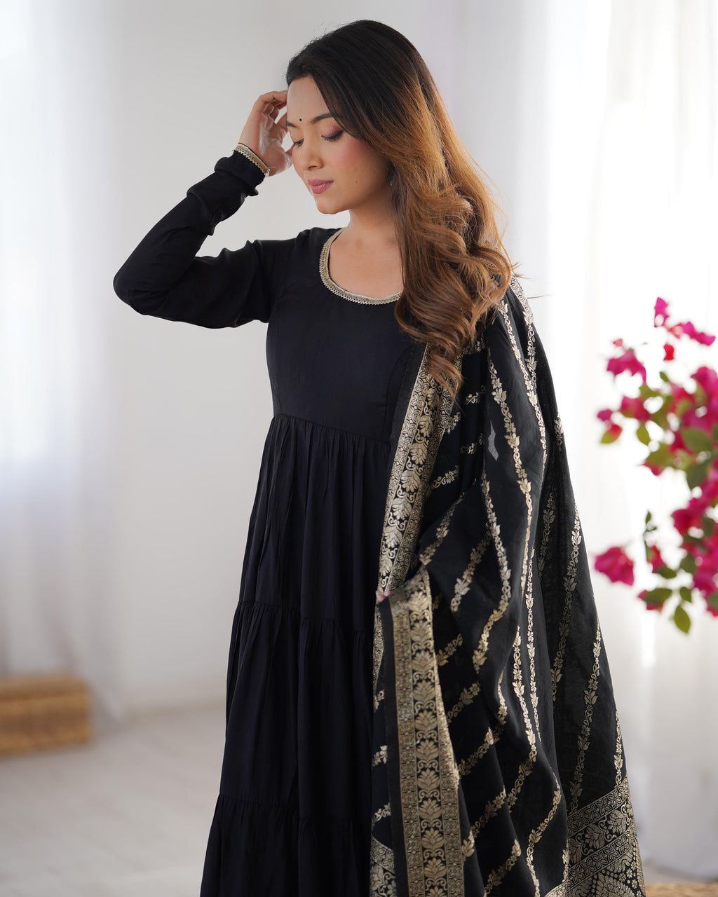 Black Roman Silk Chanderi Anarkali Suit Set with Flair for Festive Wear