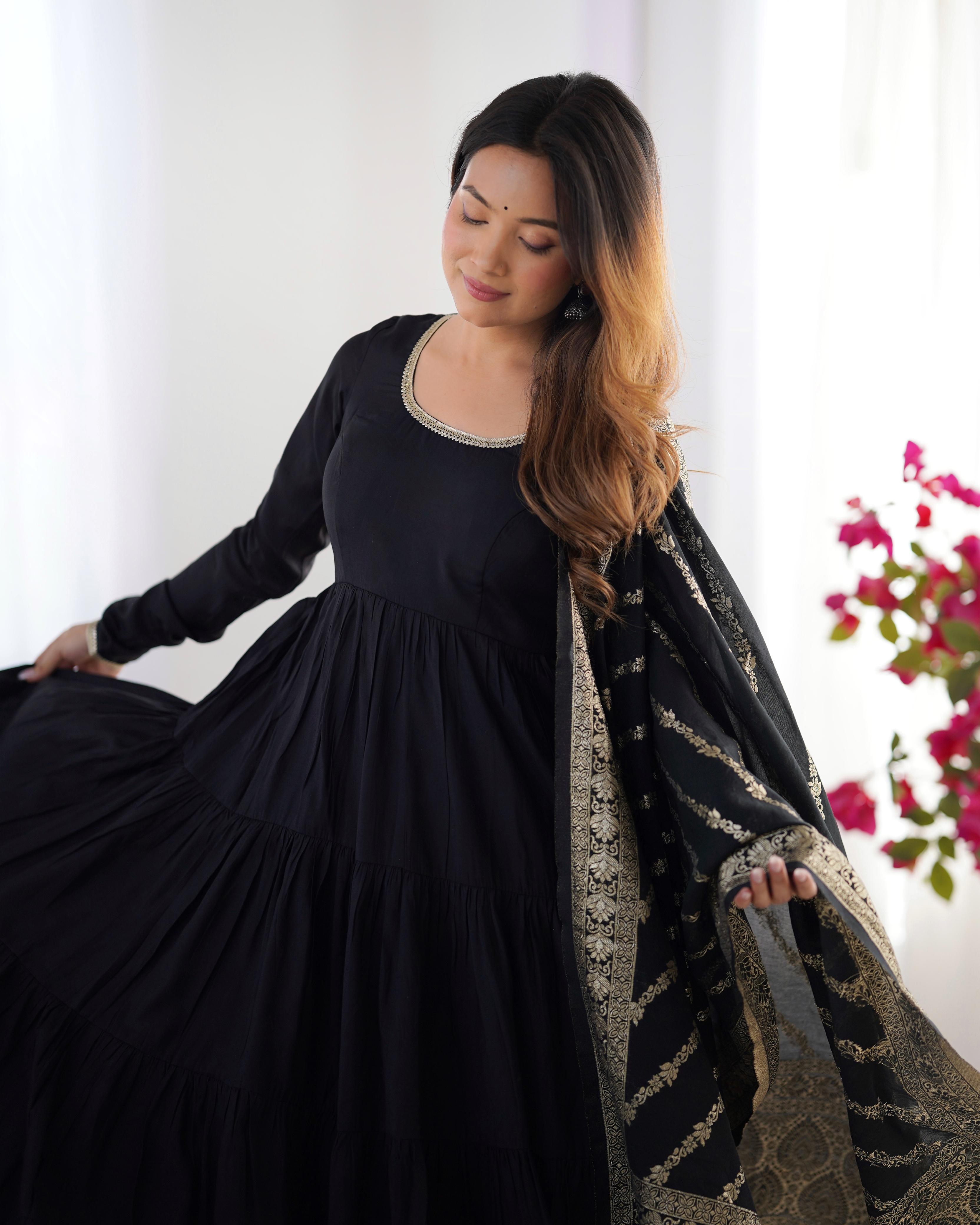 Black Roman Silk Chanderi Anarkali Suit Set with Flair for Festive Wear