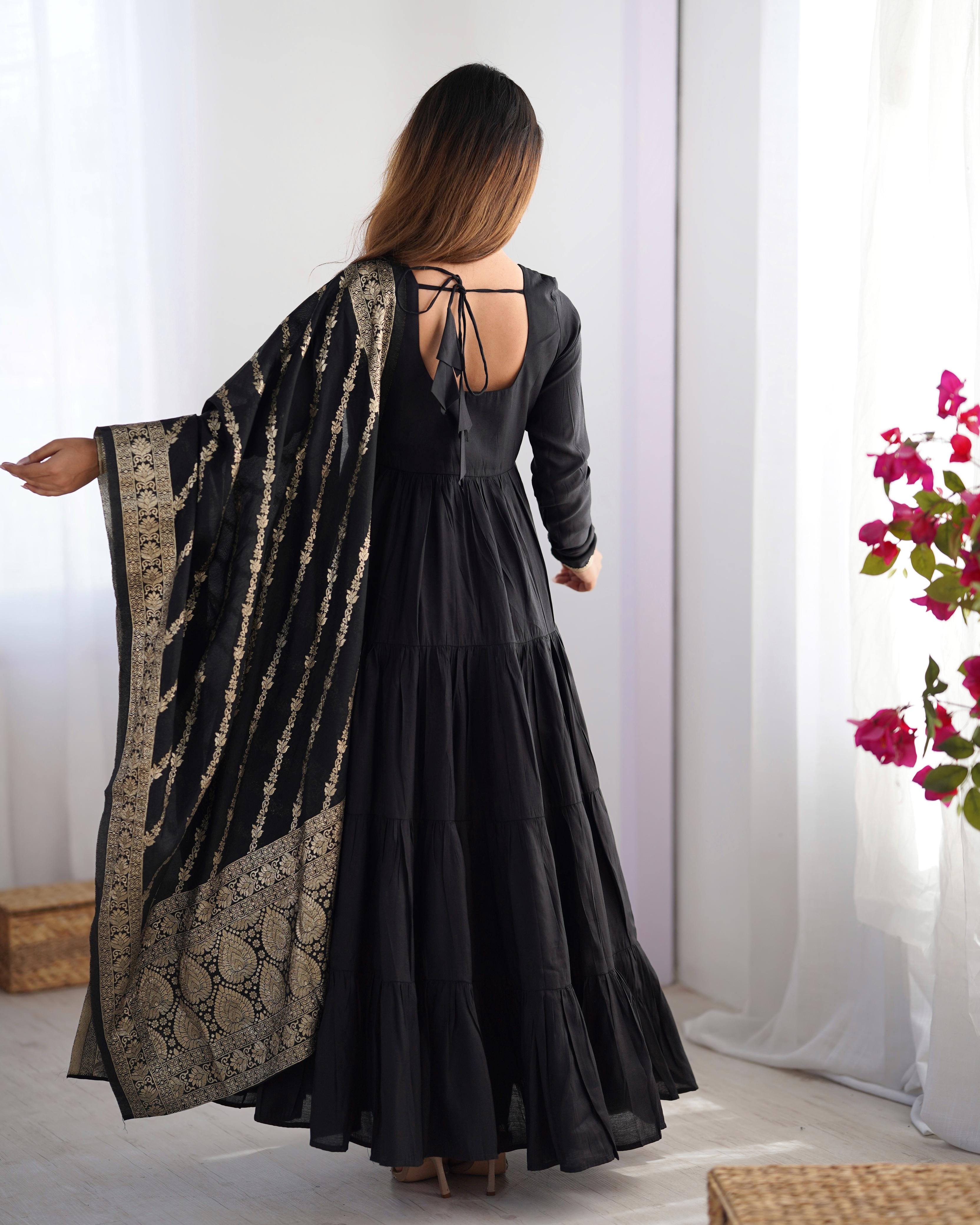 Black Roman Silk Chanderi Anarkali Suit Set with Flair for Festive Wear