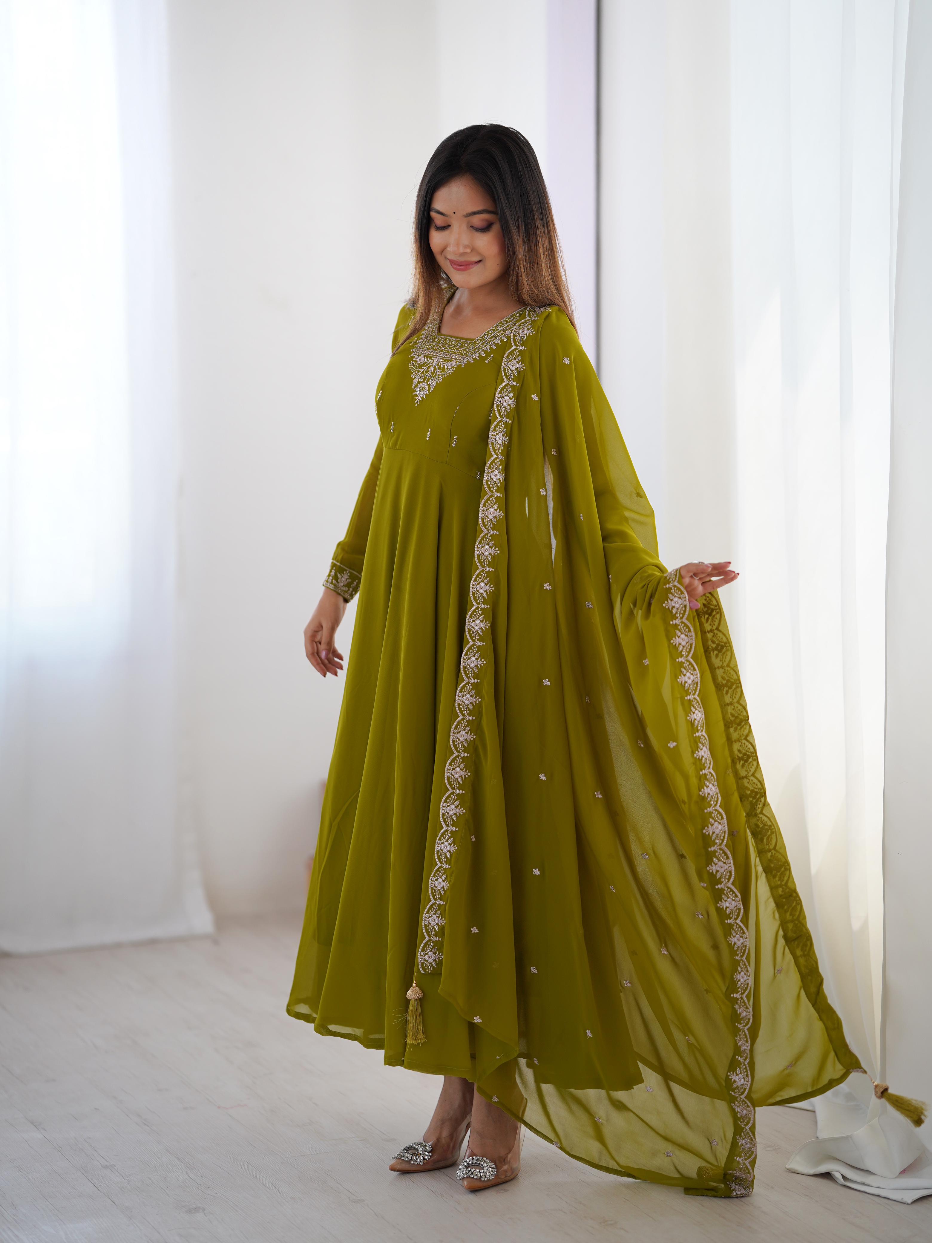 Green Pure Soft Georgette Anarkali Suit Set with Huge Flair for Festive Wear