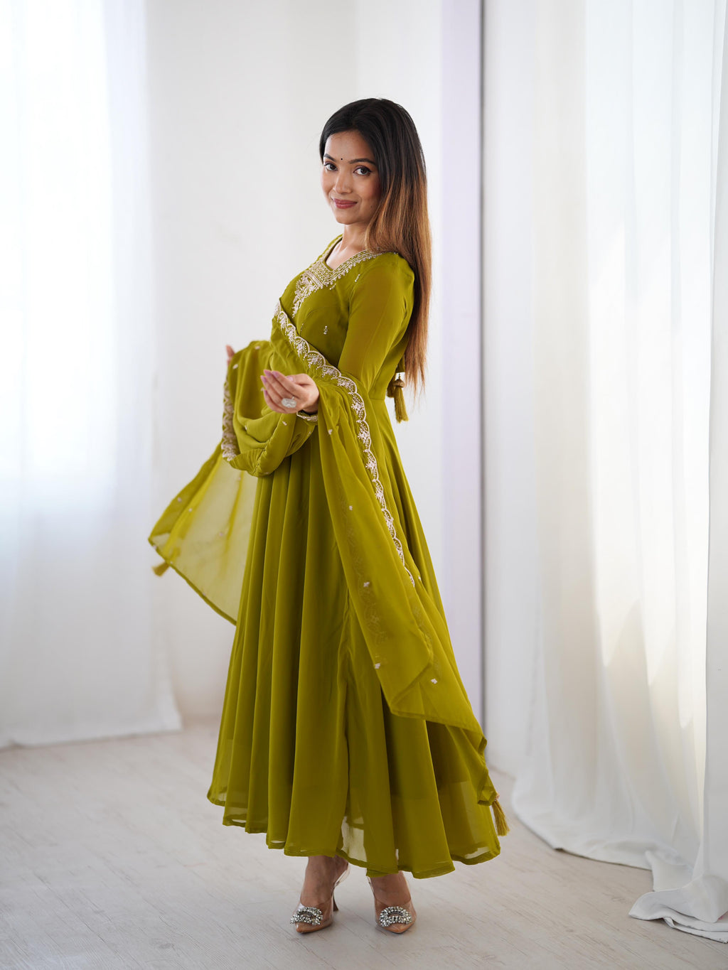 Green Pure Soft Georgette Anarkali Suit Set with Huge Flair for Festive Wear