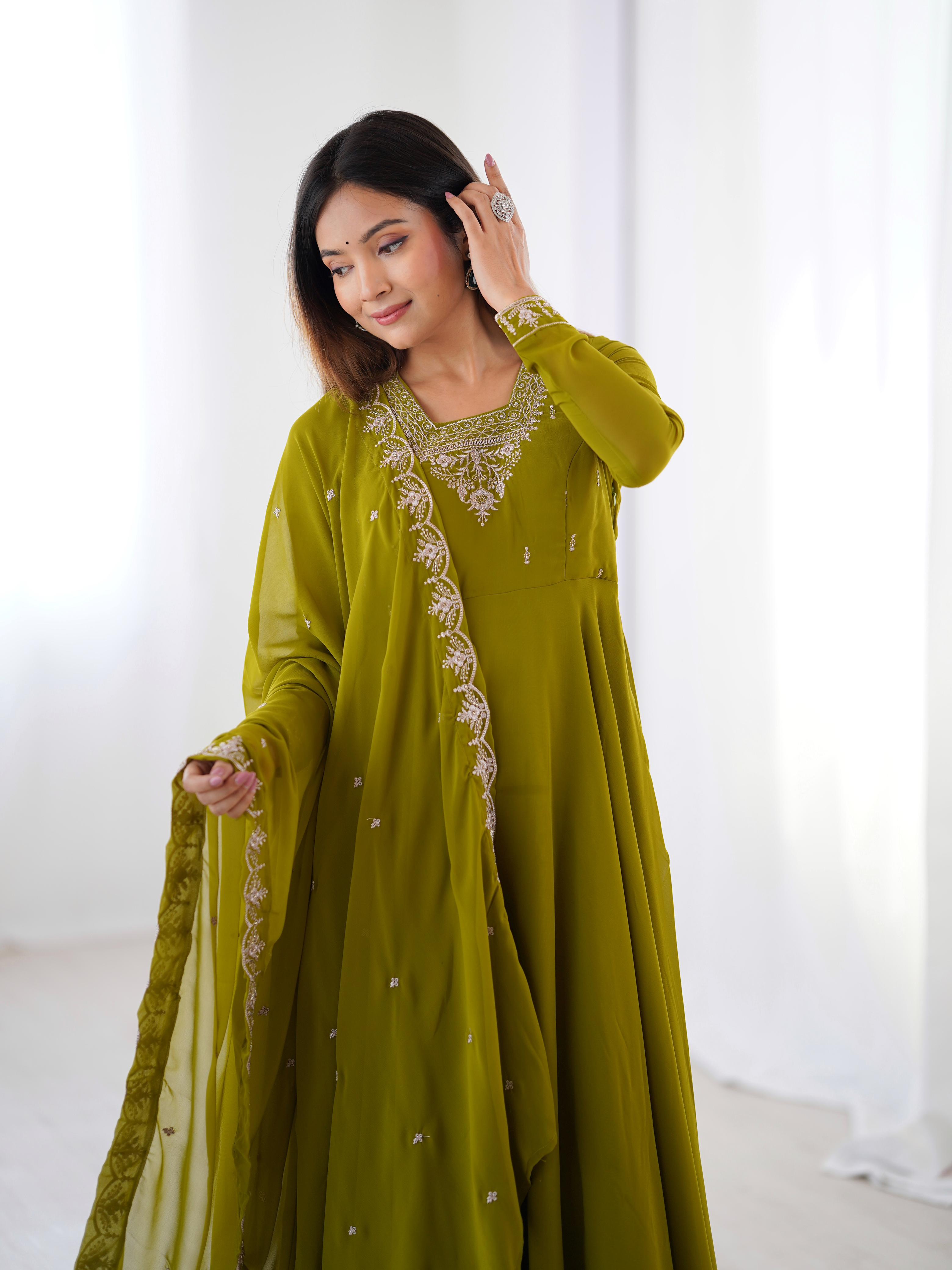 Green Pure Soft Georgette Anarkali Suit Set with Huge Flair for Festive Wear