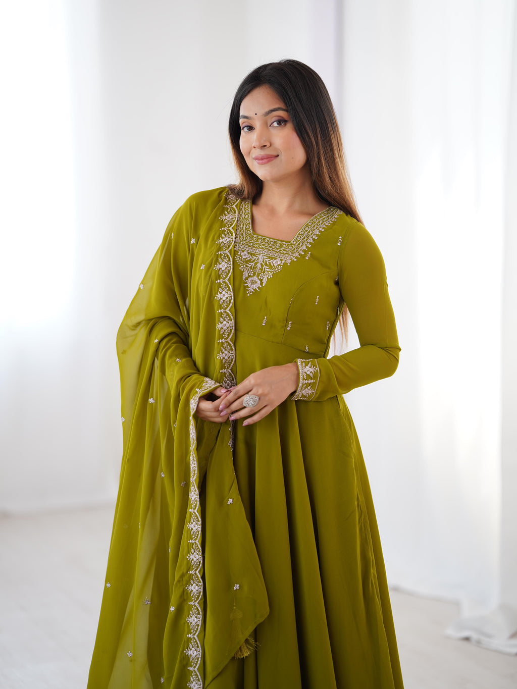 Green Pure Soft Georgette Anarkali Suit Set with Huge Flair for Festive Wear