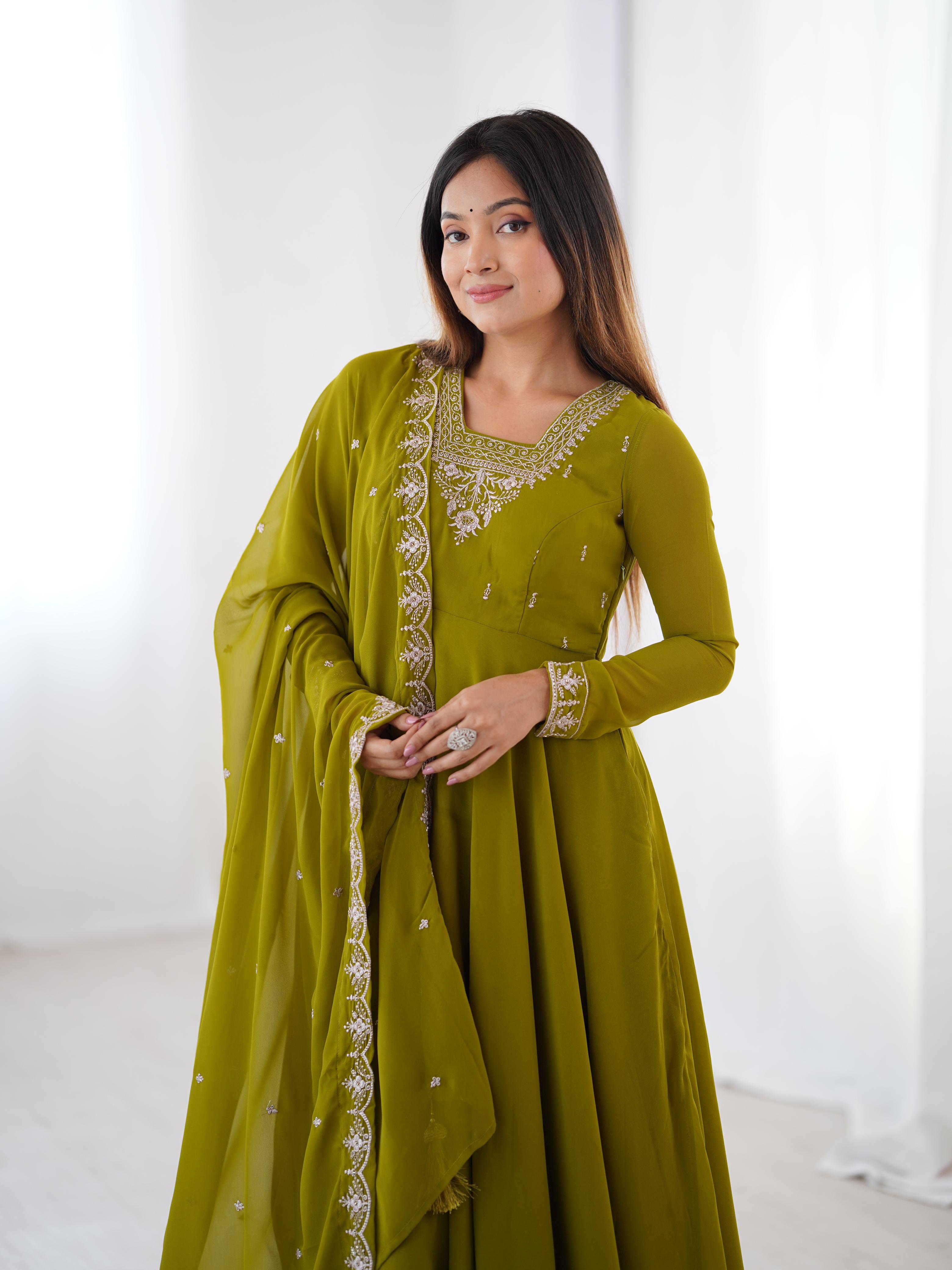 Green Pure Soft Georgette Anarkali Suit Set with Huge Flair for Festive Wear