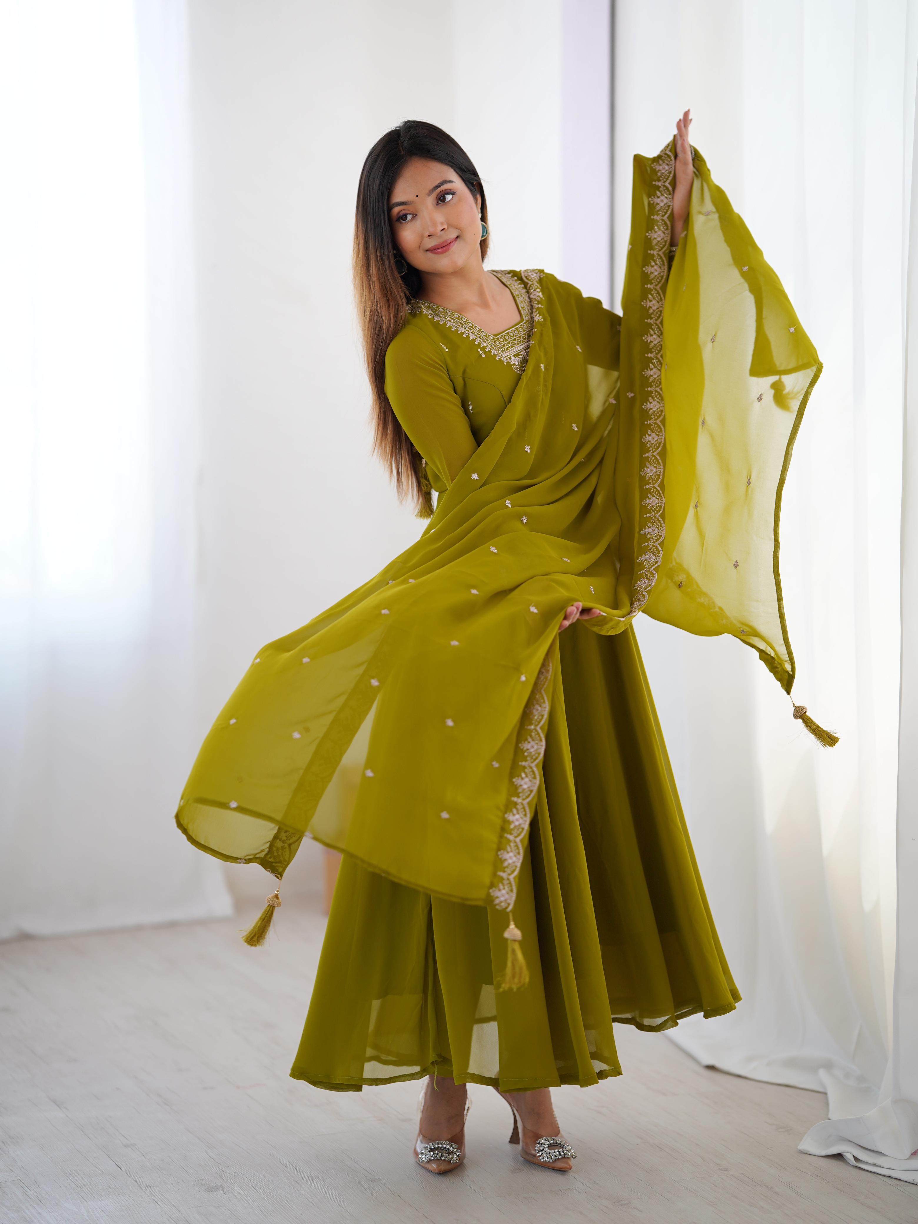 Green Pure Soft Georgette Anarkali Suit Set with Huge Flair for Festive Wear