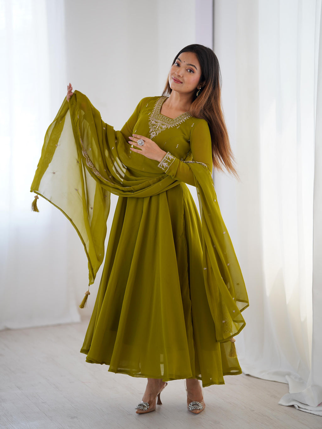 Green Pure Soft Georgette Anarkali Suit Set with Huge Flair for Festive Wear