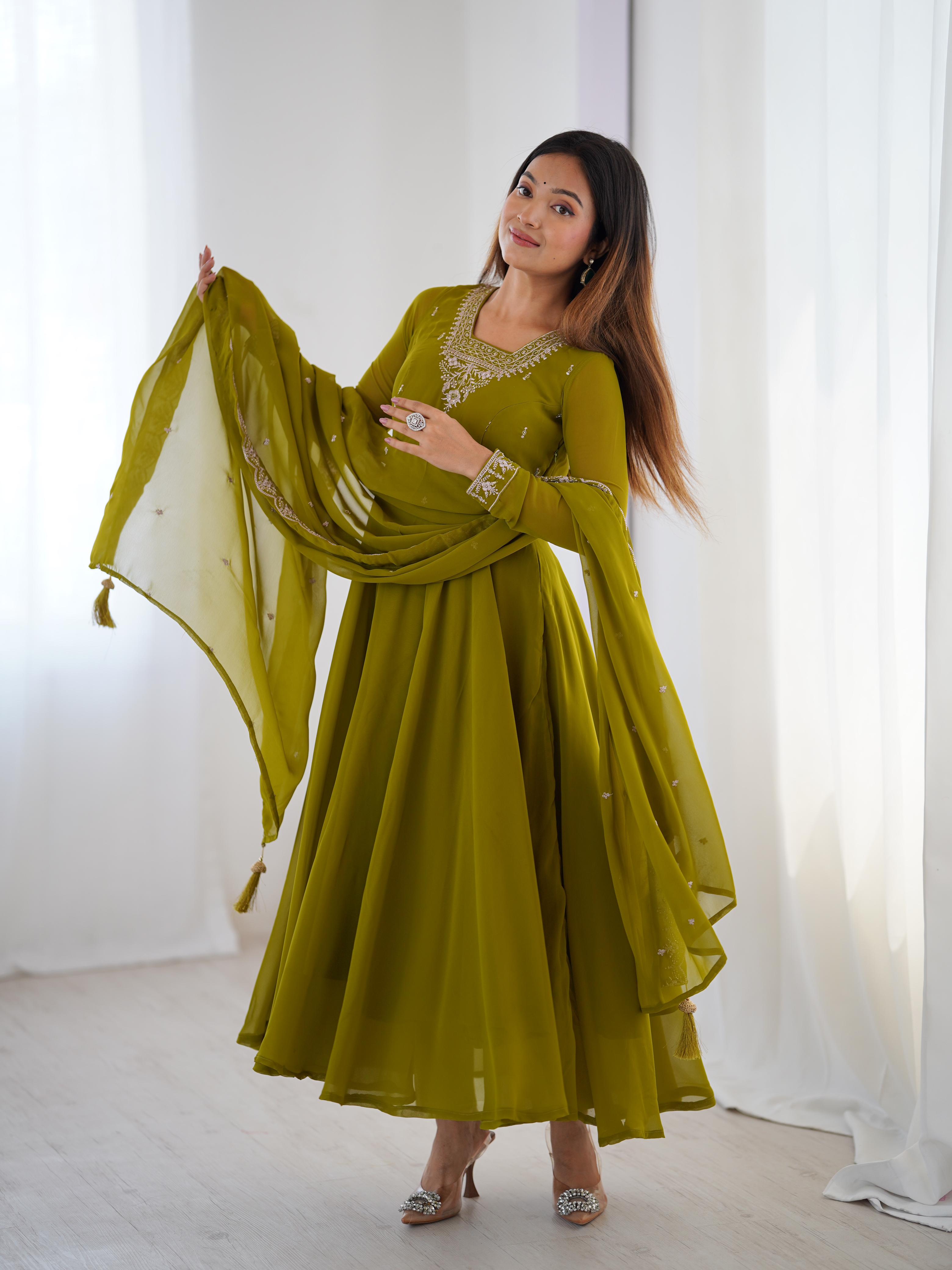 Green Pure Soft Georgette Anarkali Suit Set with Huge Flair for Festive Wear