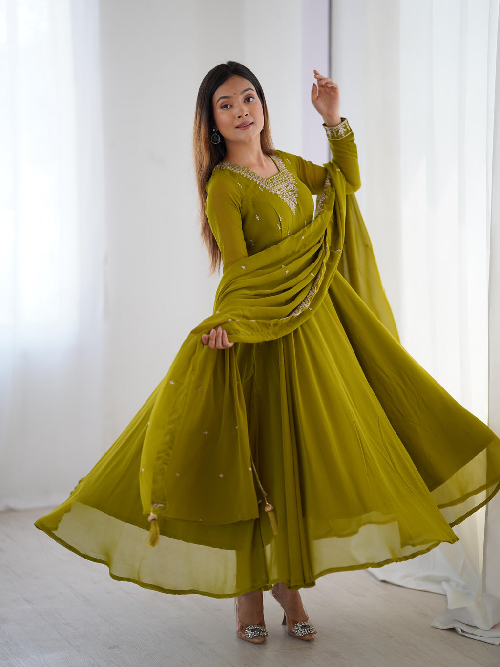 Green Pure Soft Georgette Anarkali Suit Set with Huge Flair for Festive Wear
