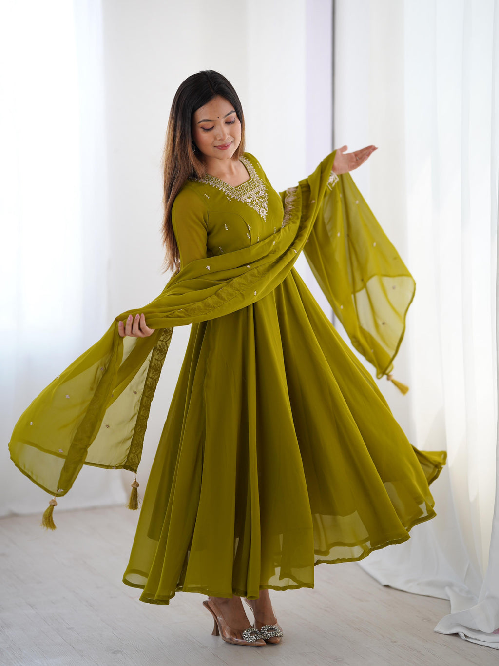 Green Pure Soft Georgette Anarkali Suit Set with Huge Flair for Festive Wear