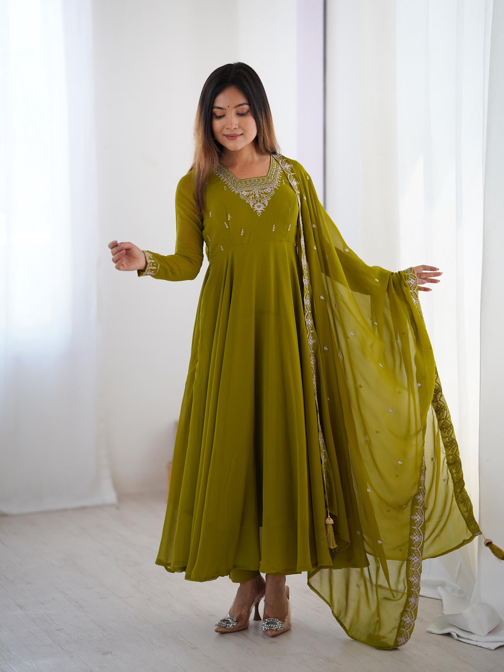 Green Pure Soft Georgette Anarkali Suit Set with Huge Flair for Festive Wear