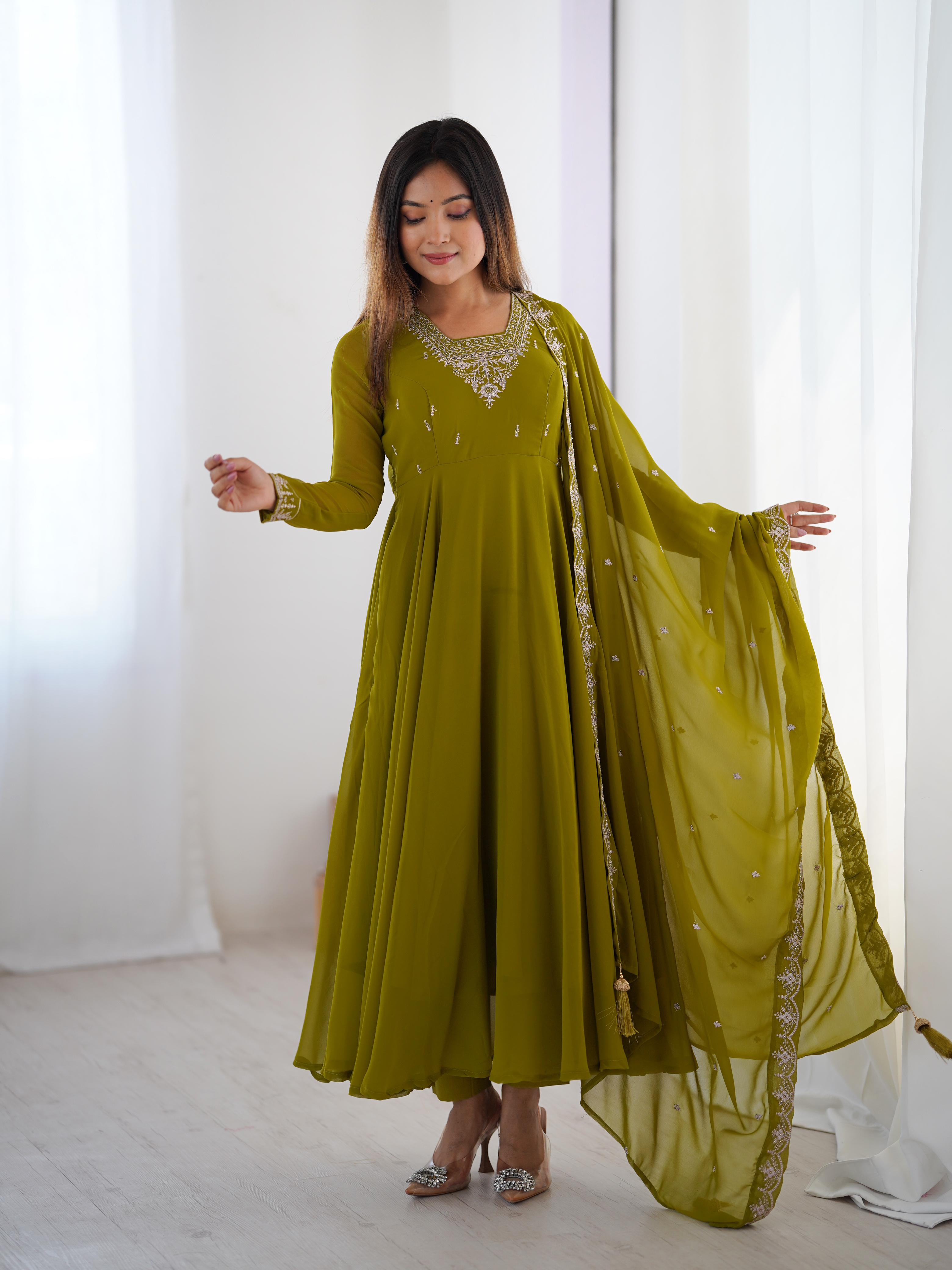 Green Pure Soft Georgette Anarkali Suit Set with Huge Flair for Festive Wear