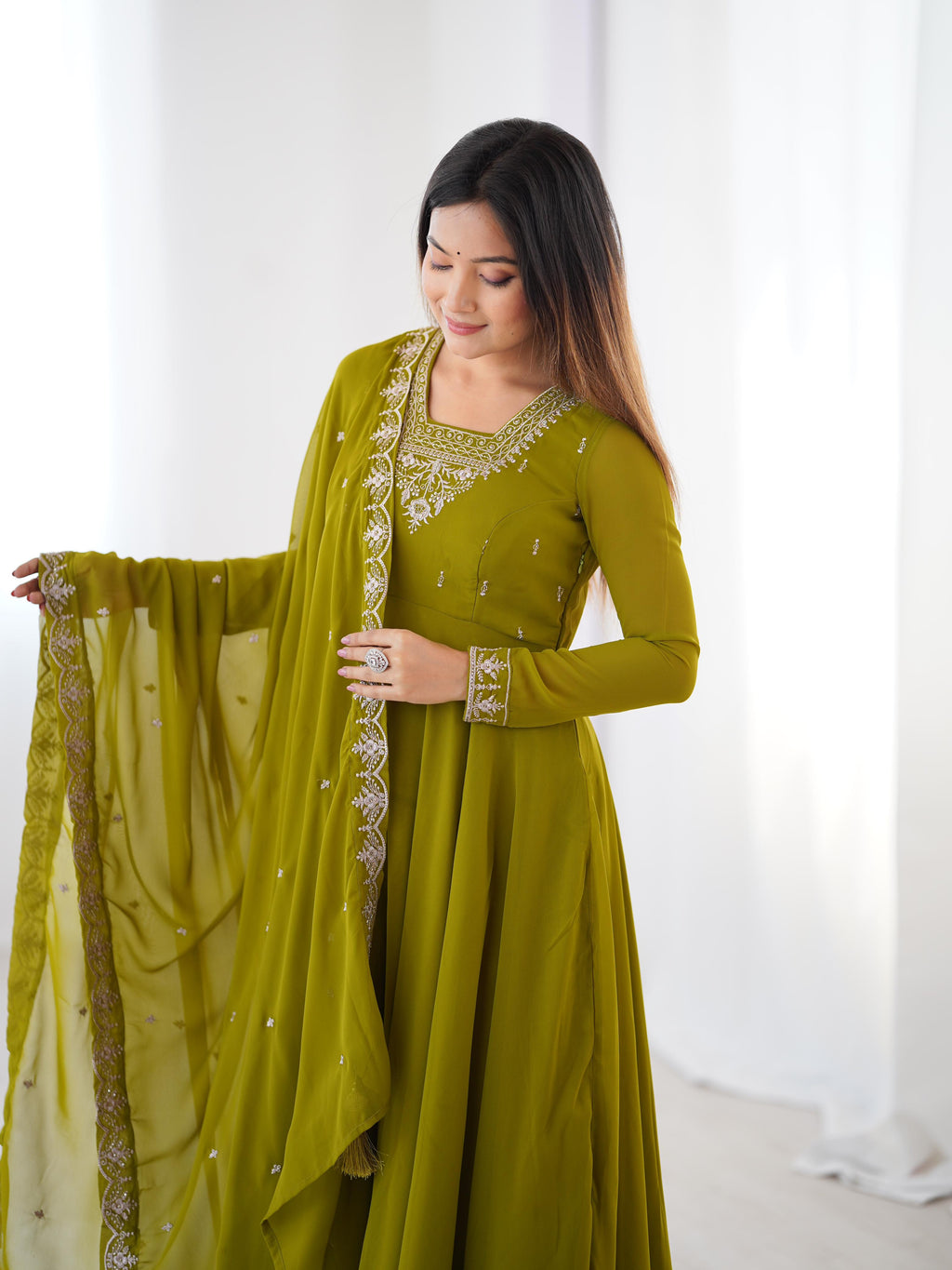 Green Pure Soft Georgette Anarkali Suit Set with Huge Flair for Festive Wear
