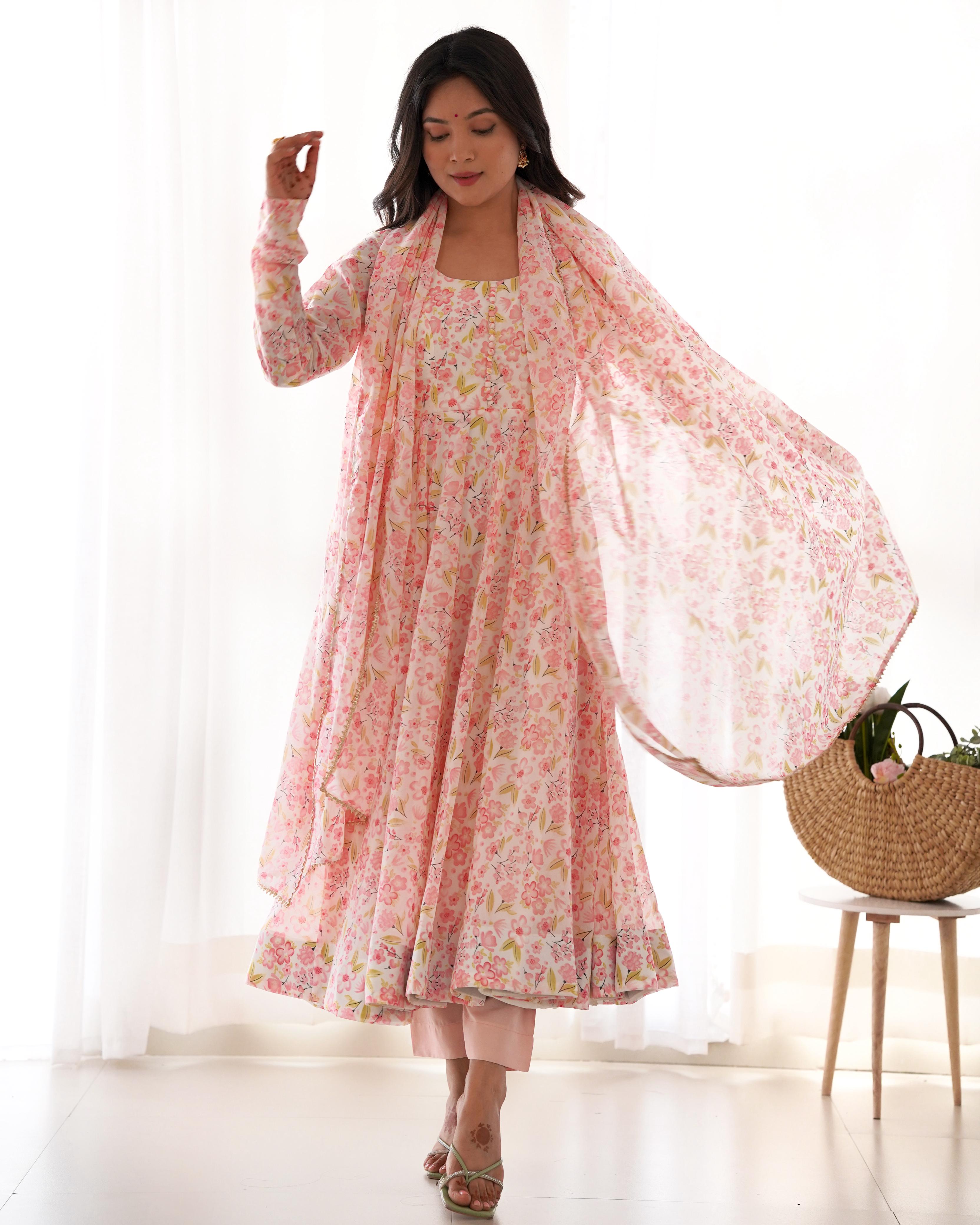 Floral Pure Soft Orange Chiffon Anarkali Suit Set With Huge Flair, Dupatta & Pant