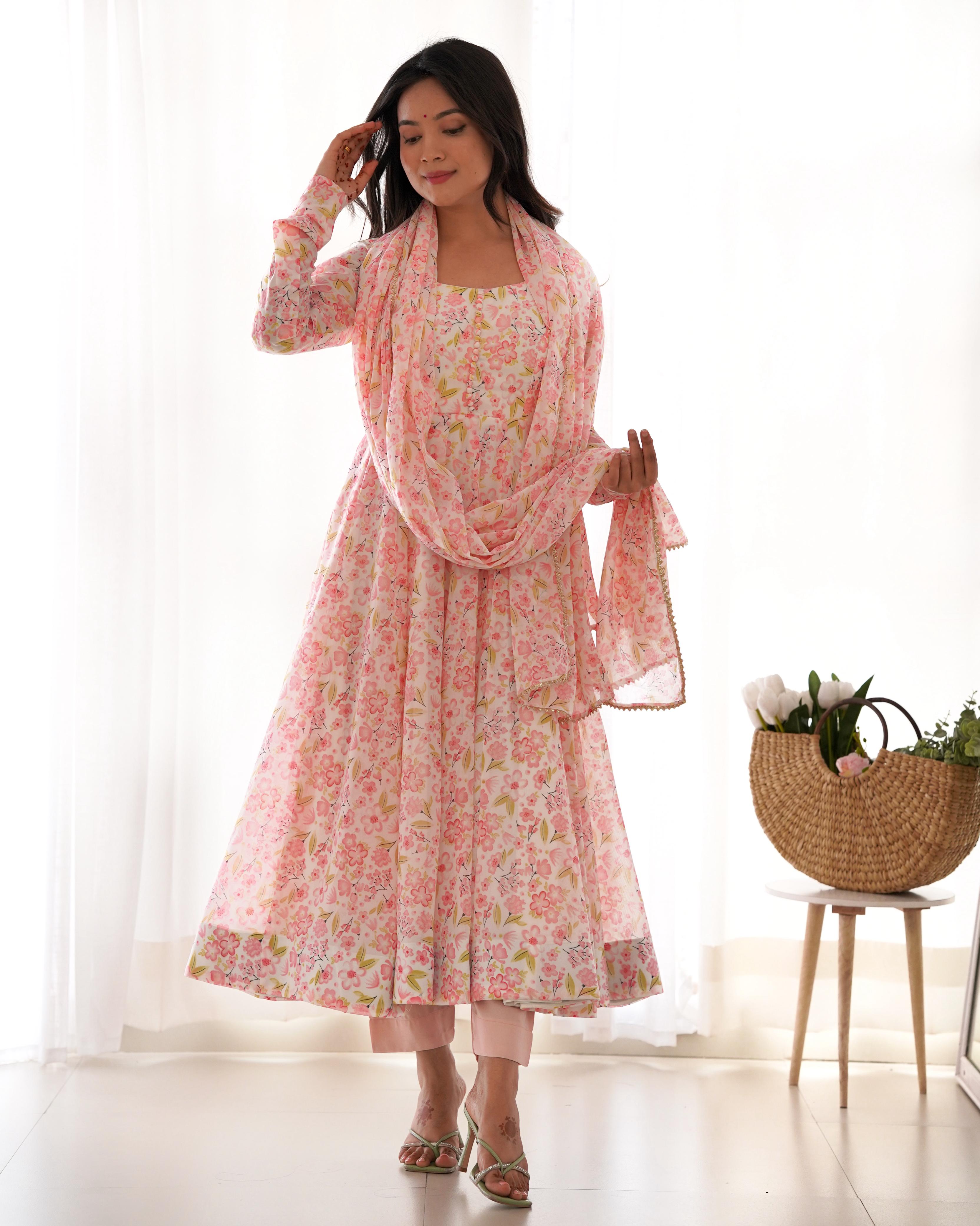 Floral Pure Soft Orange Chiffon Anarkali Suit Set With Huge Flair, Dupatta & Pant