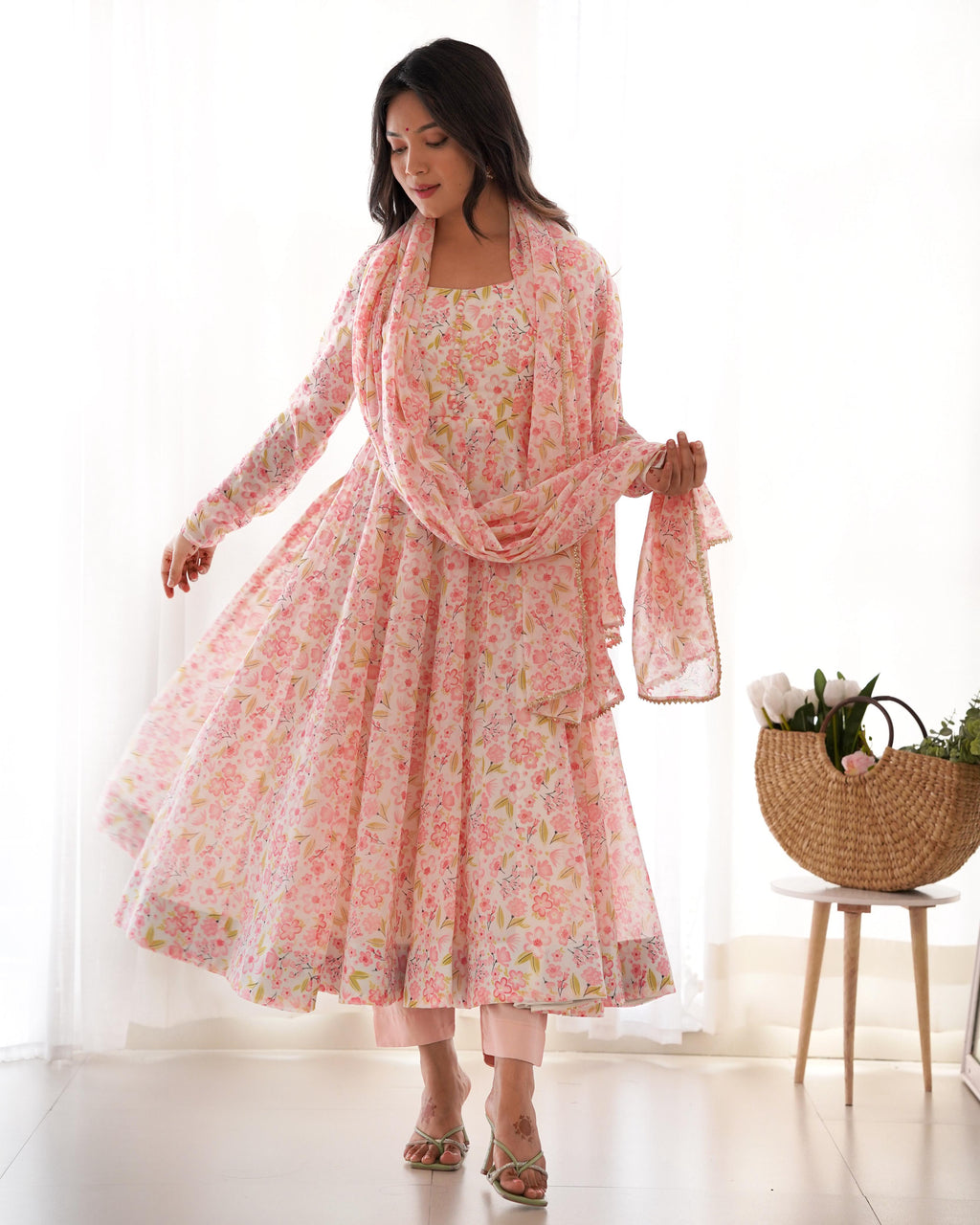 Floral Pure Soft Orange Chiffon Anarkali Suit Set With Huge Flair, Dupatta & Pant