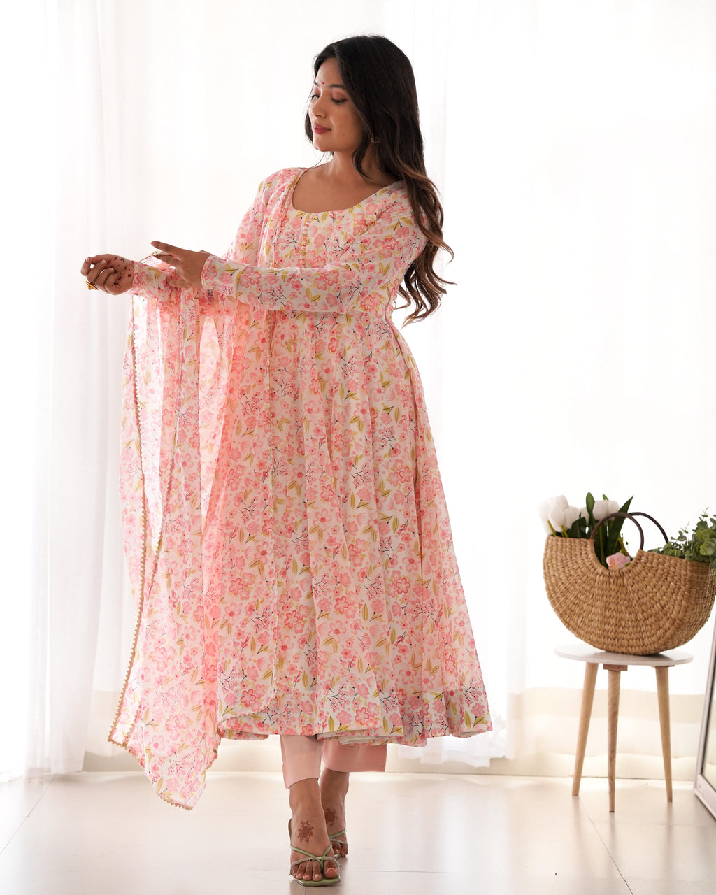 Floral Pure Soft Orange Chiffon Anarkali Suit Set With Huge Flair, Dupatta & Pant