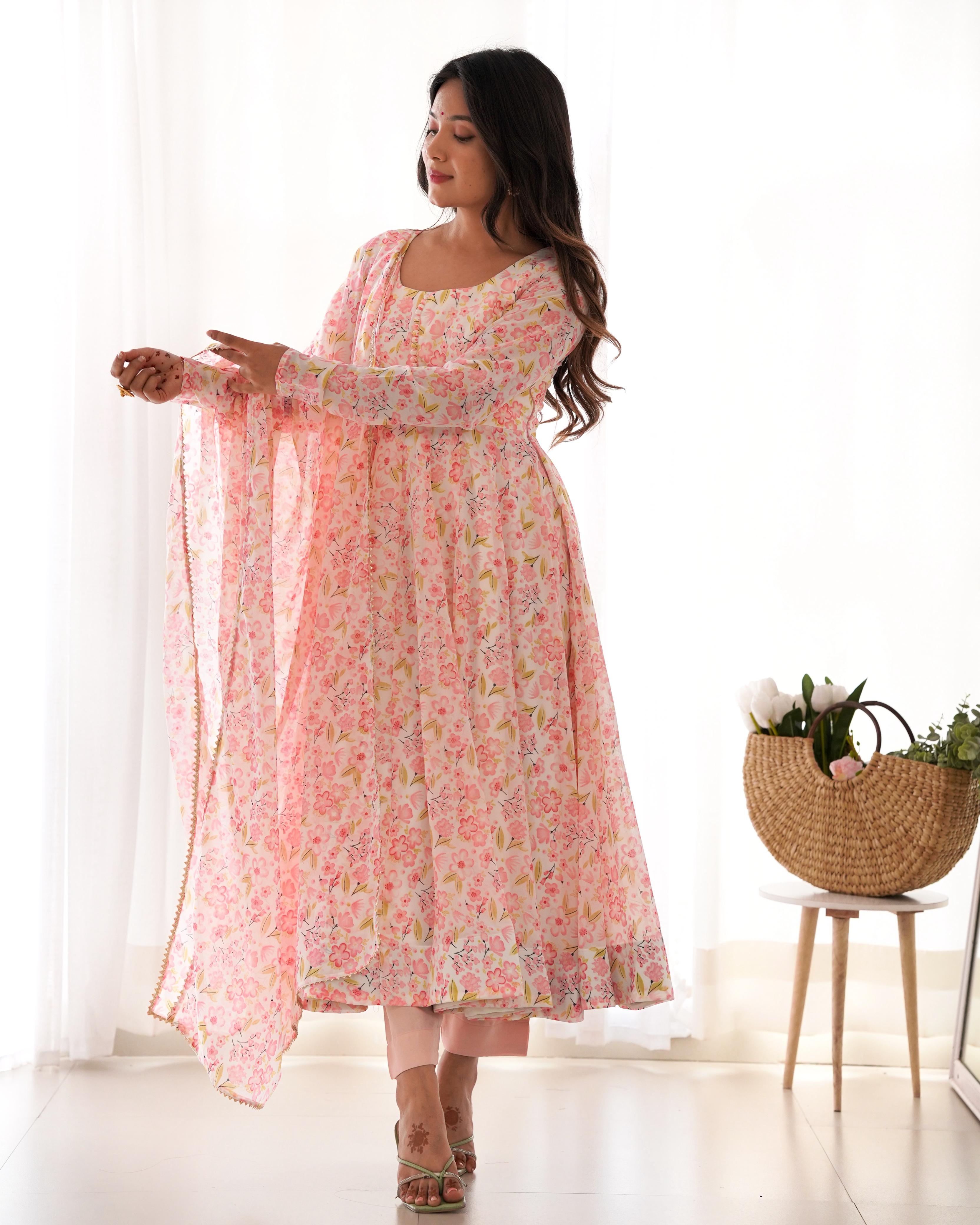 Floral Pure Soft Orange Chiffon Anarkali Suit Set With Huge Flair, Dupatta & Pant