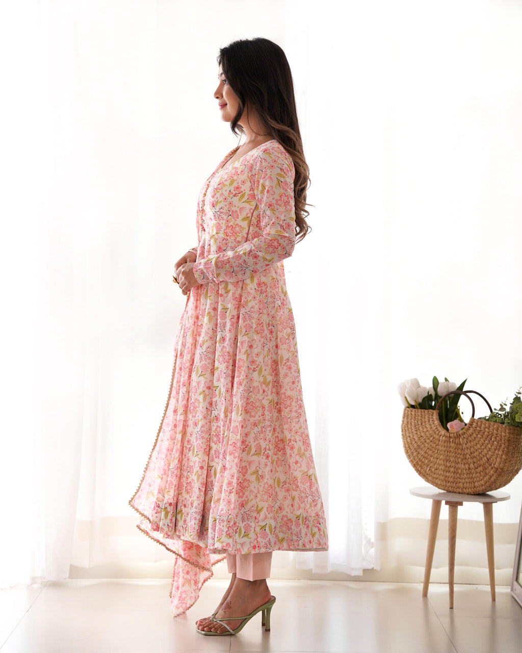 Floral Pure Soft Orange Chiffon Anarkali Suit Set With Huge Flair, Dupatta & Pant