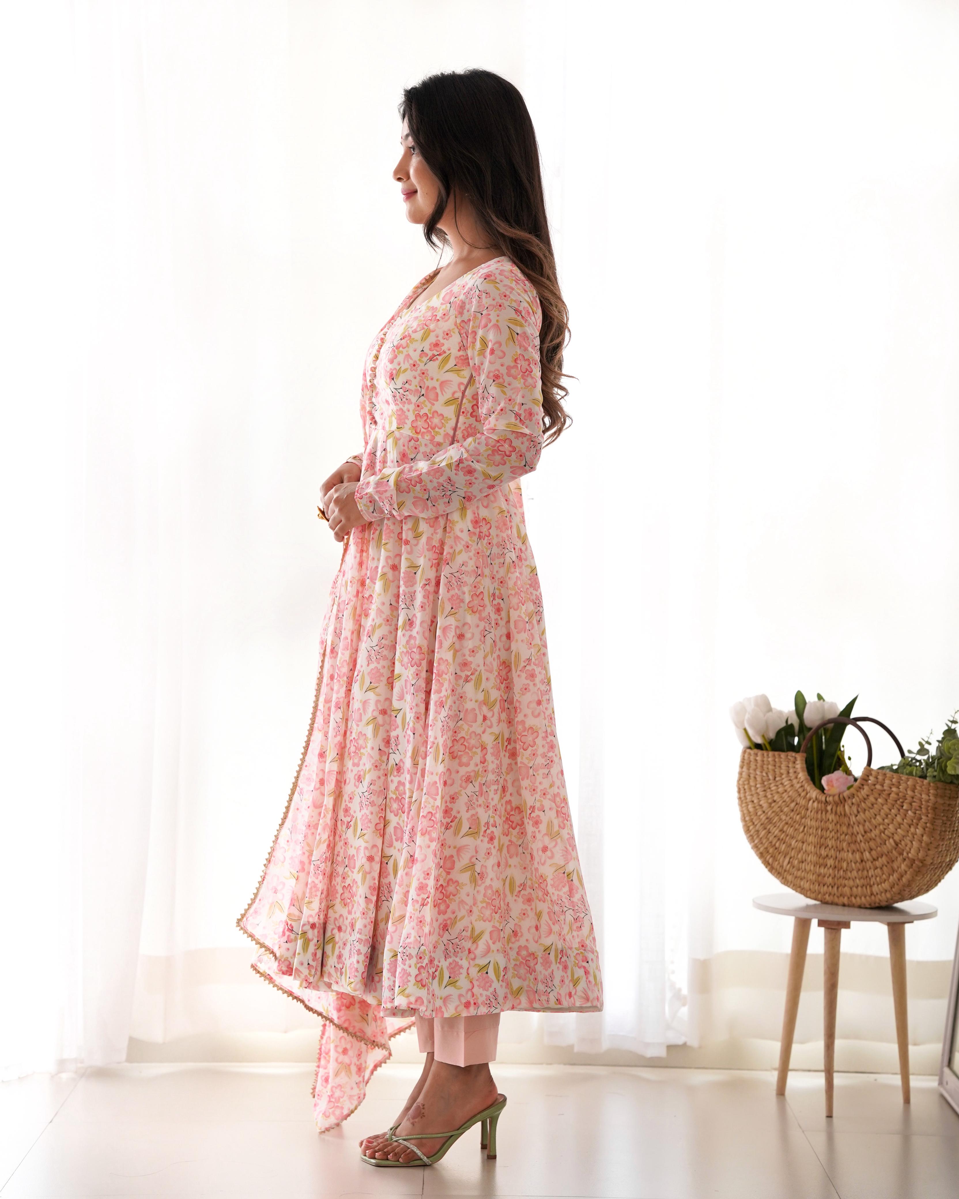 Floral Pure Soft Orange Chiffon Anarkali Suit Set With Huge Flair, Dupatta & Pant