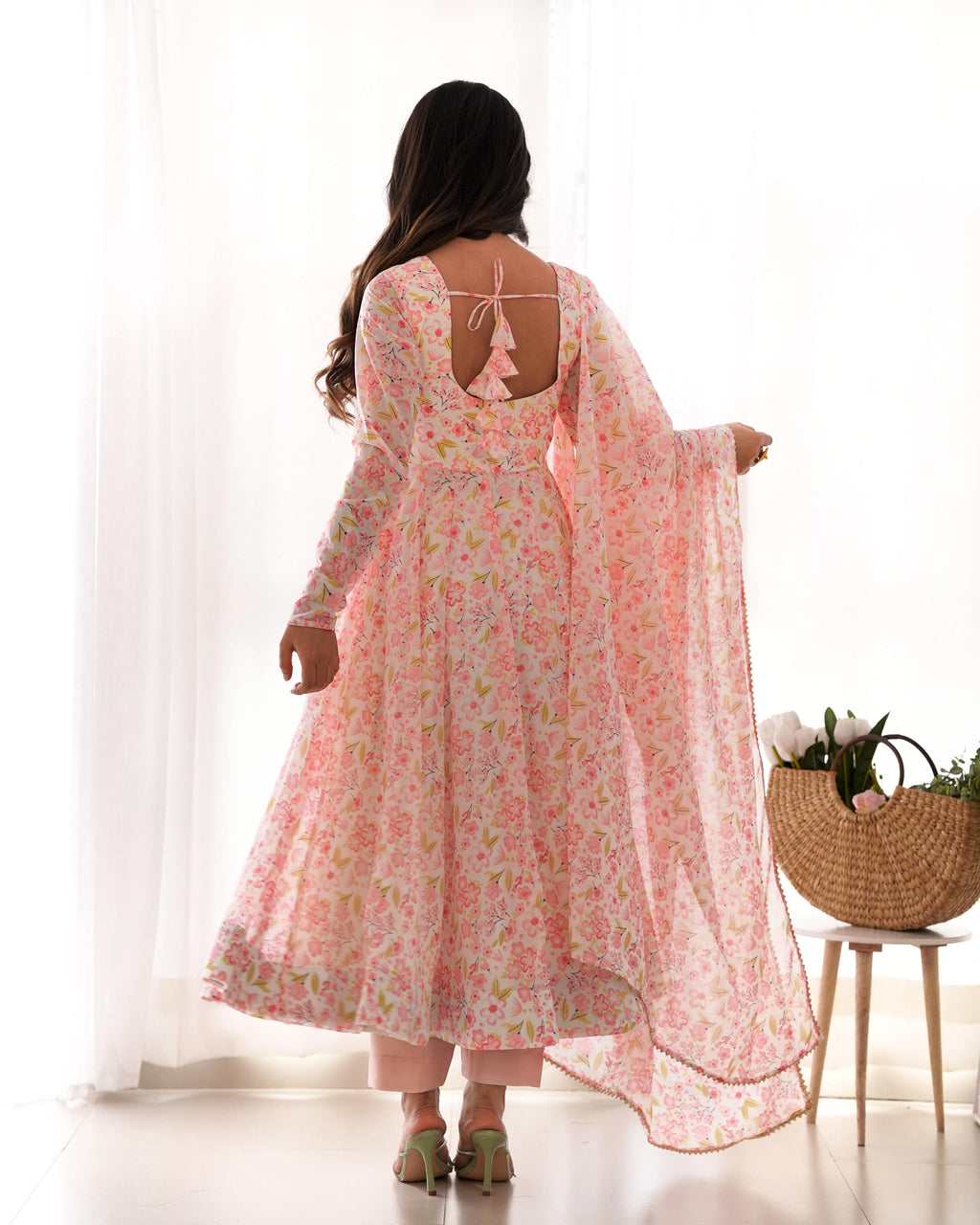 Floral Pure Soft Orange Chiffon Anarkali Suit Set With Huge Flair, Dupatta & Pant
