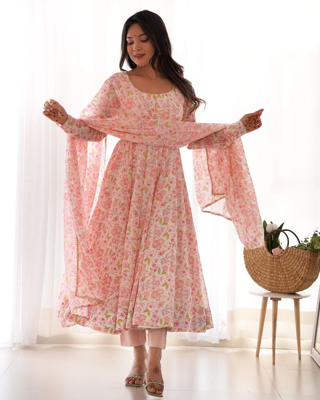 Floral Pure Soft Orange Chiffon Anarkali Suit Set With Huge Flair, Dupatta & Pant