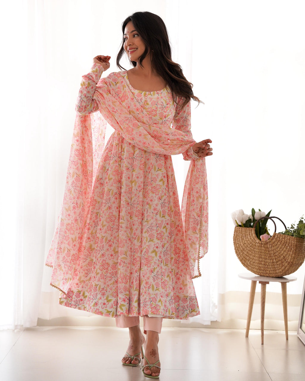 Floral Pure Soft Orange Chiffon Anarkali Suit Set With Huge Flair, Dupatta & Pant