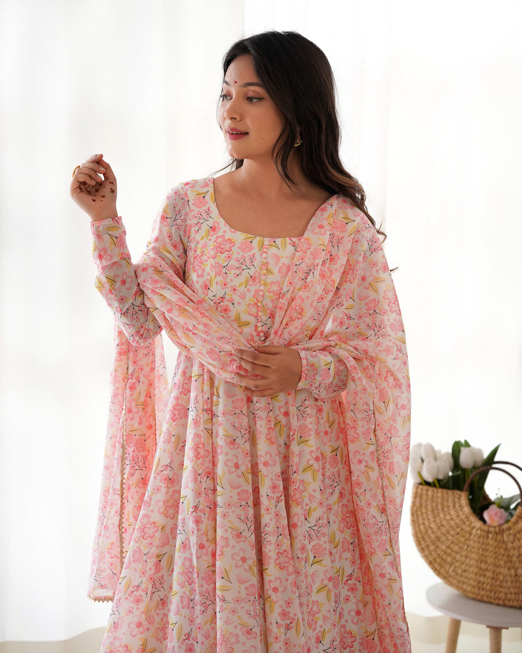 Floral Pure Soft Orange Chiffon Anarkali Suit Set With Huge Flair, Dupatta & Pant