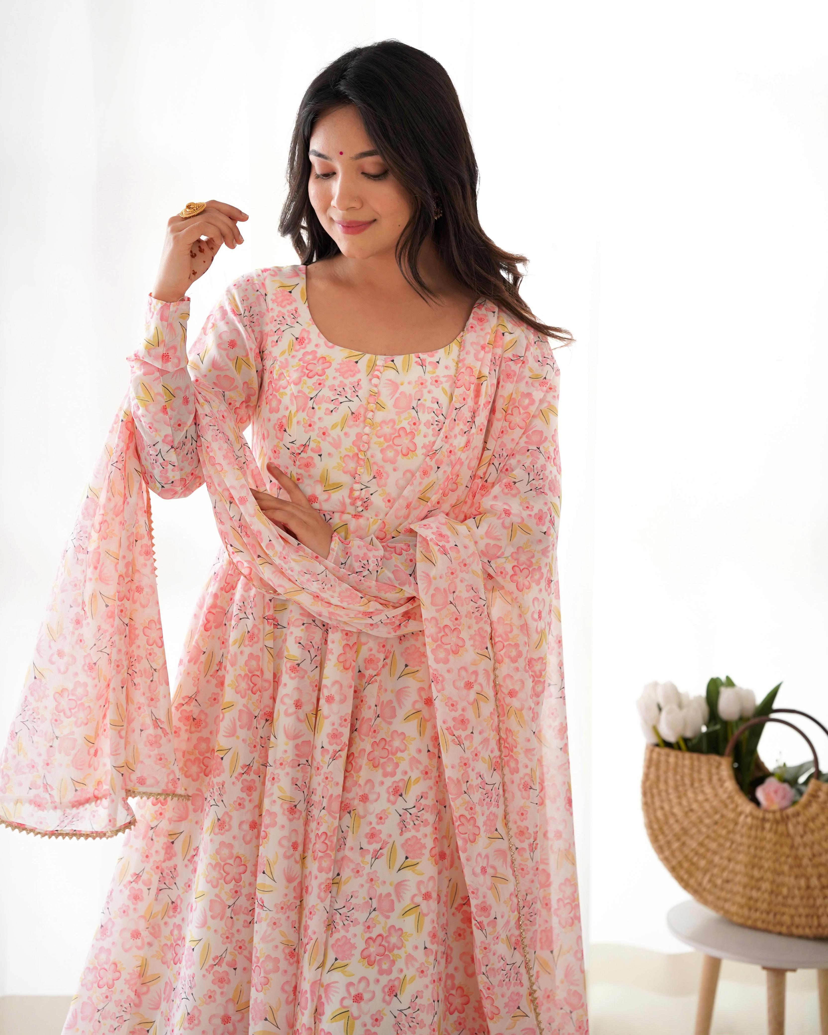 Floral Pure Soft Orange Chiffon Anarkali Suit Set With Huge Flair, Dupatta & Pant