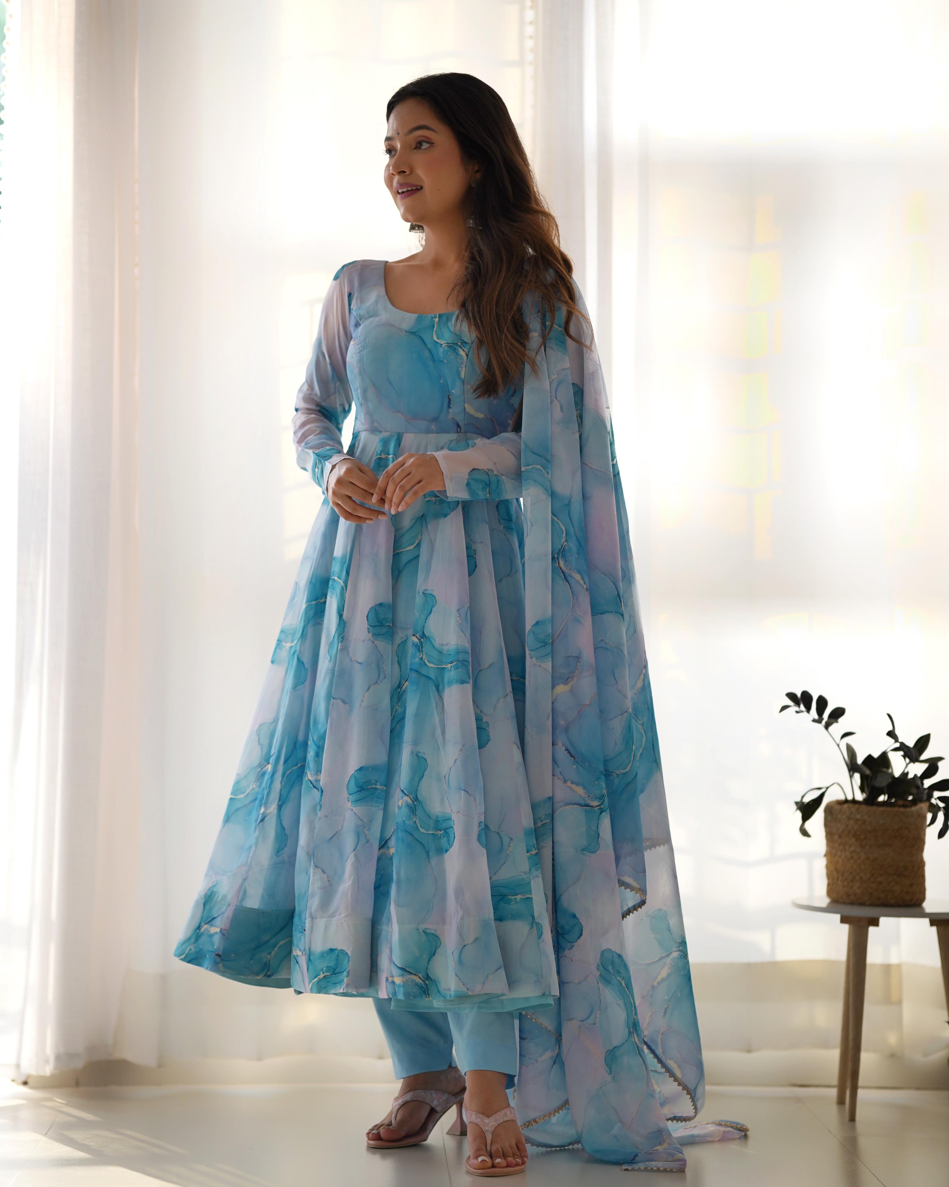 Sky Soft Organza Anarkali Suit Set with Huge Flair for Festive & Wedding Wear