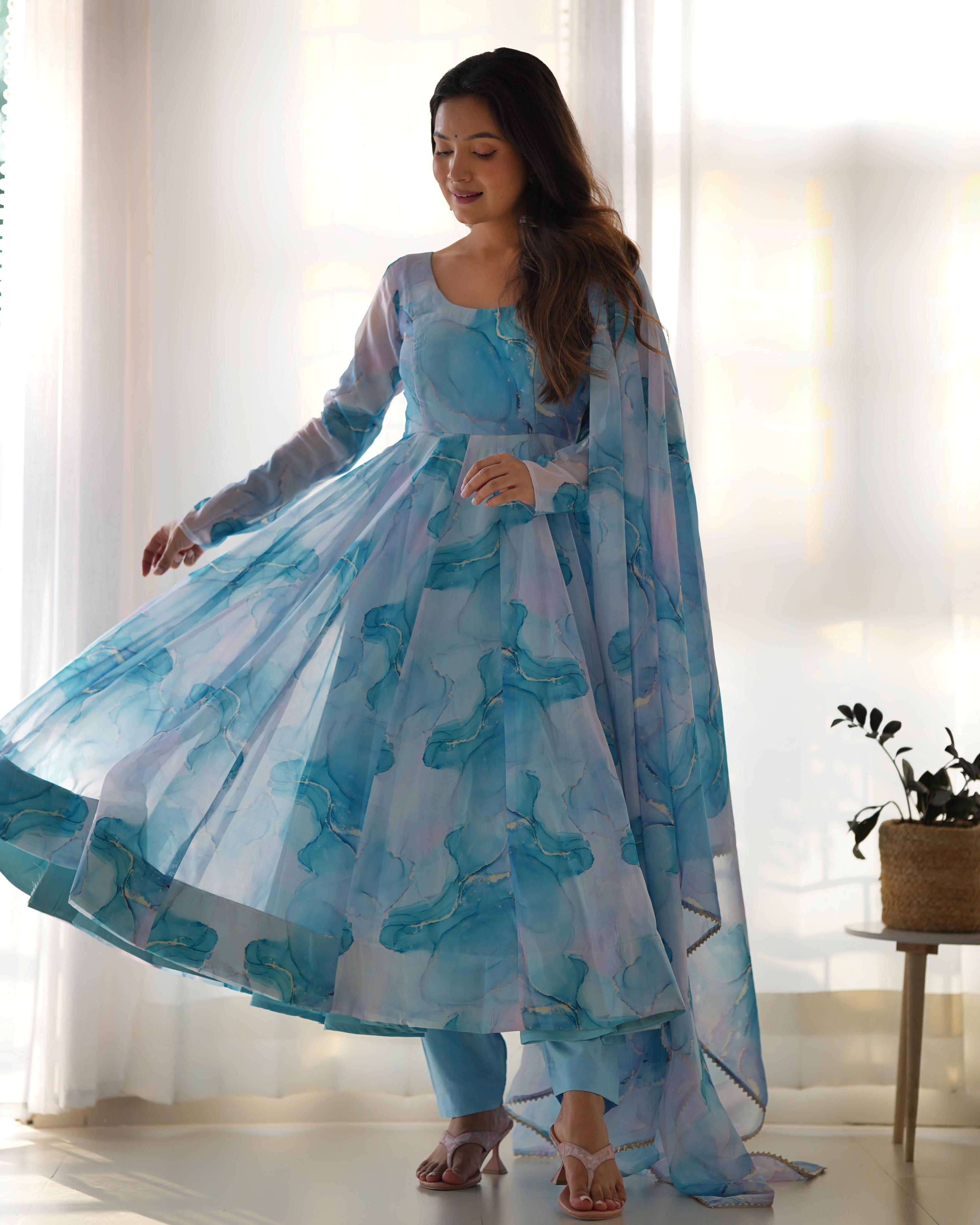 Sky Soft Organza Anarkali Suit Set with Huge Flair for Festive & Wedding Wear