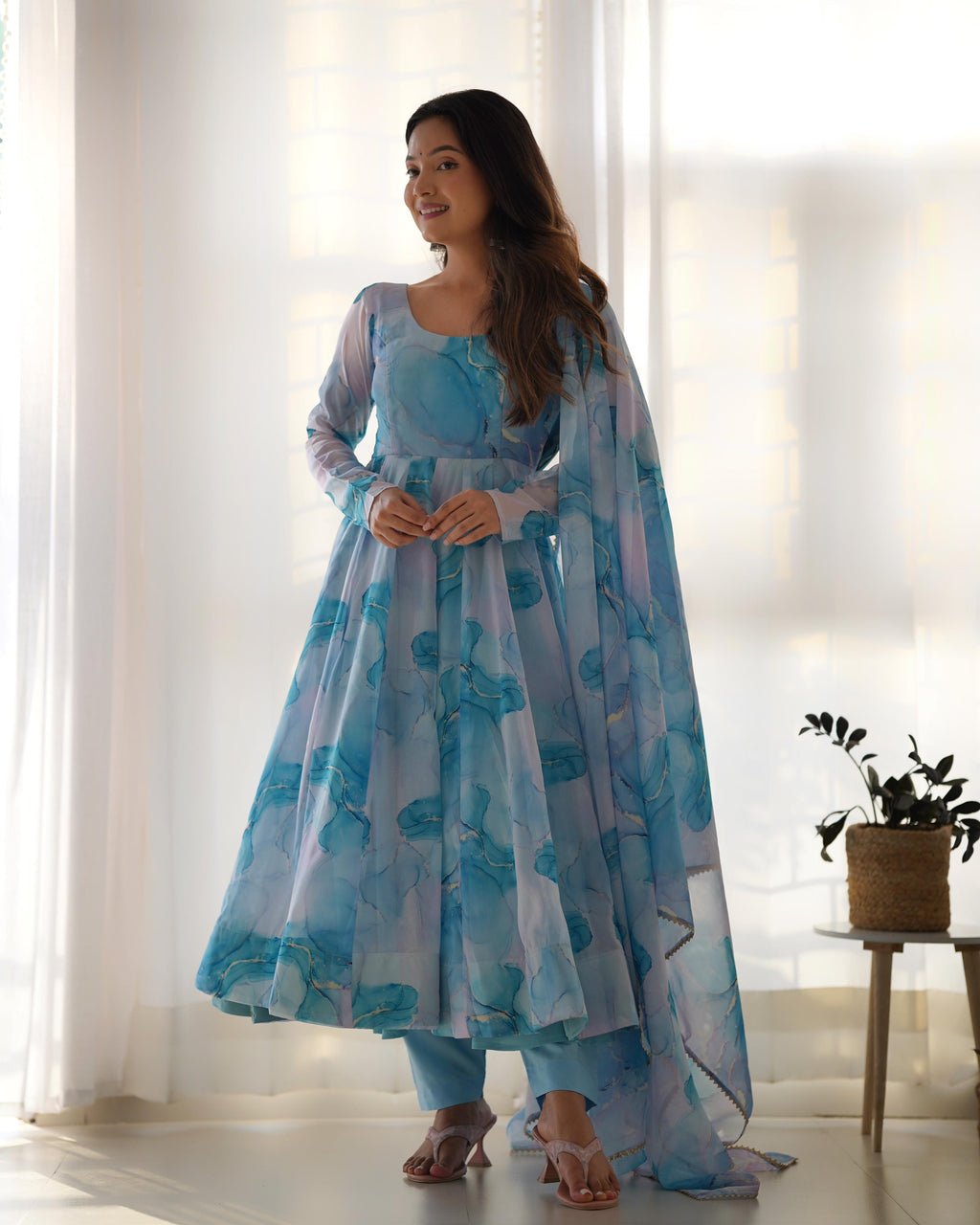 Sky Soft Organza Anarkali Suit Set with Huge Flair for Festive & Wedding Wear