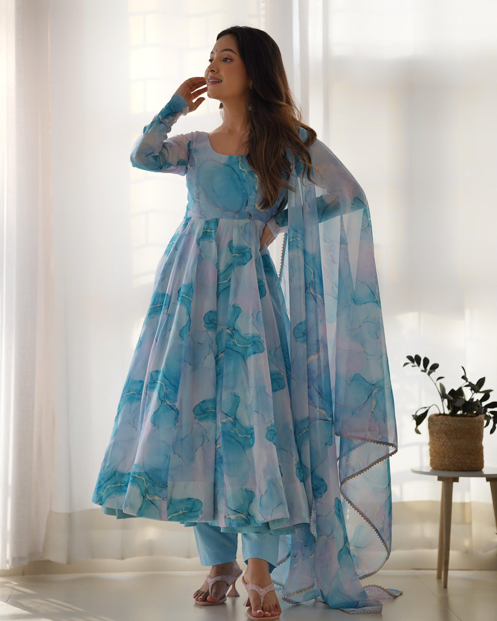Sky Soft Organza Anarkali Suit Set with Huge Flair for Festive & Wedding Wear