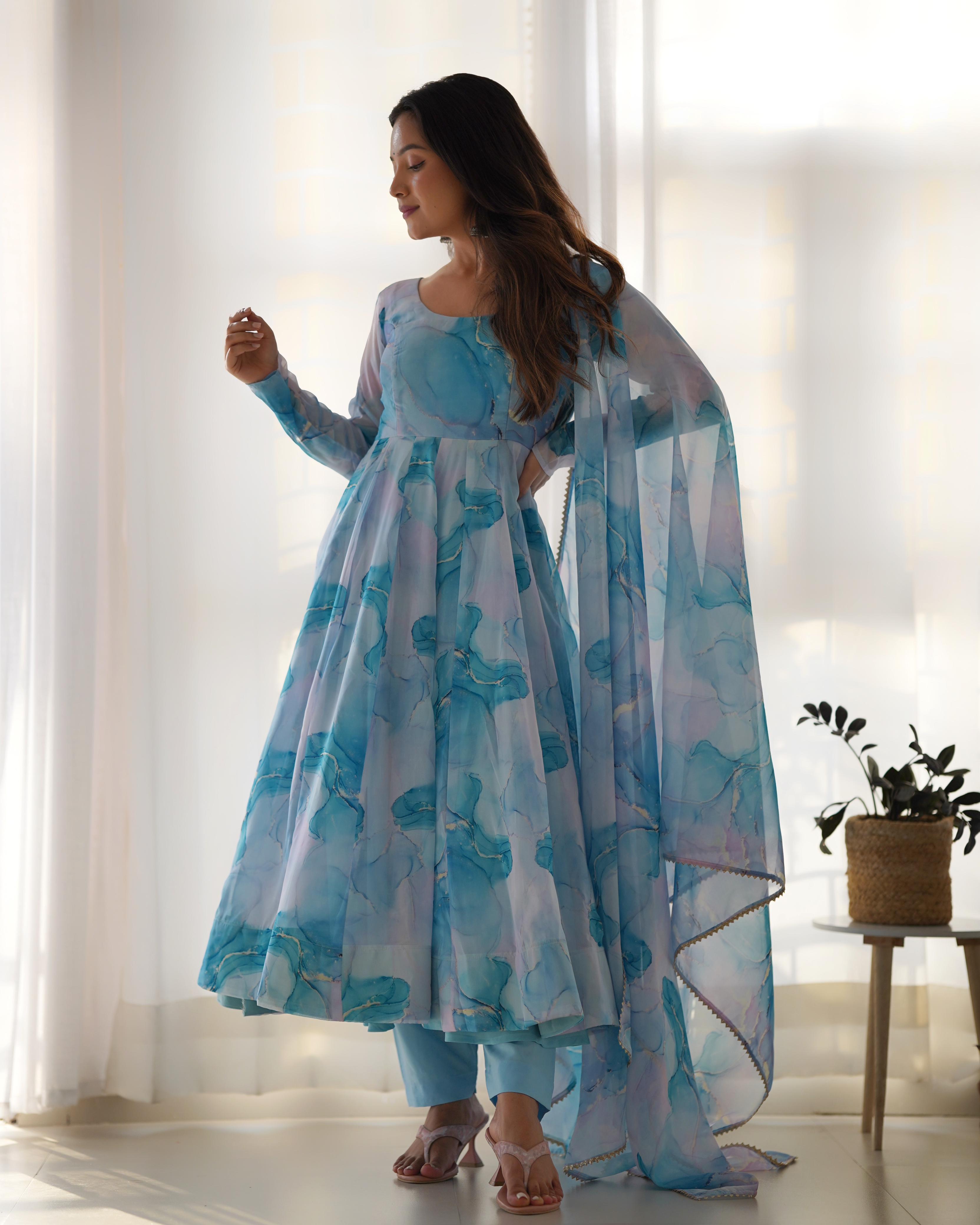 Sky Soft Organza Anarkali Suit Set with Huge Flair for Festive & Wedding Wear