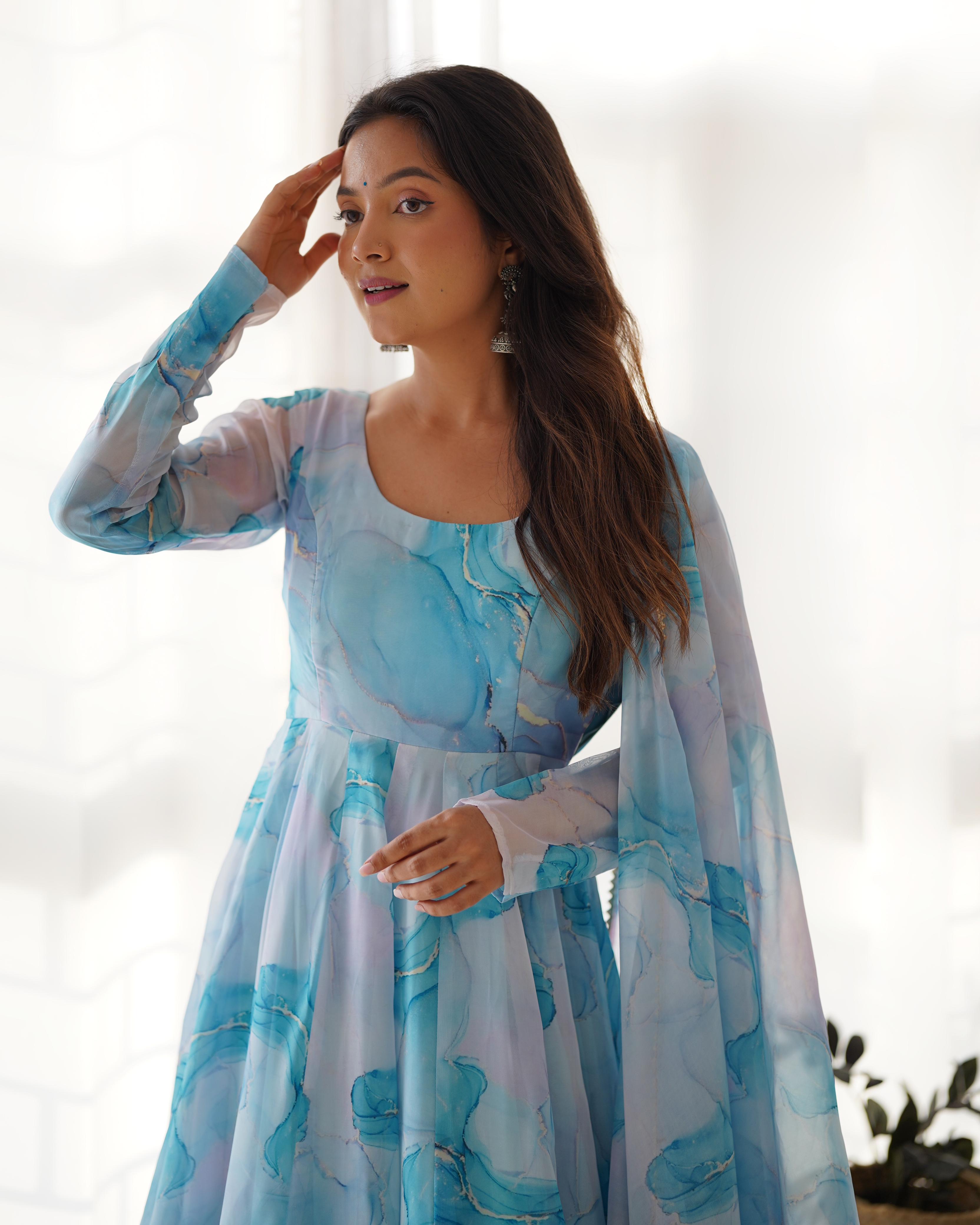 Sky Soft Organza Anarkali Suit Set with Huge Flair for Festive & Wedding Wear