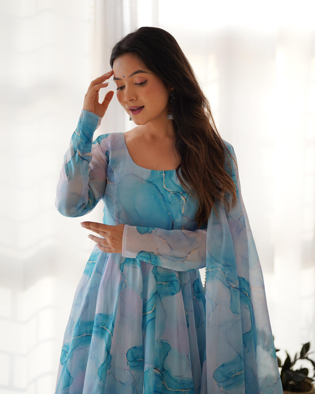 Sky Soft Organza Anarkali Suit Set with Huge Flair for Festive & Wedding Wear